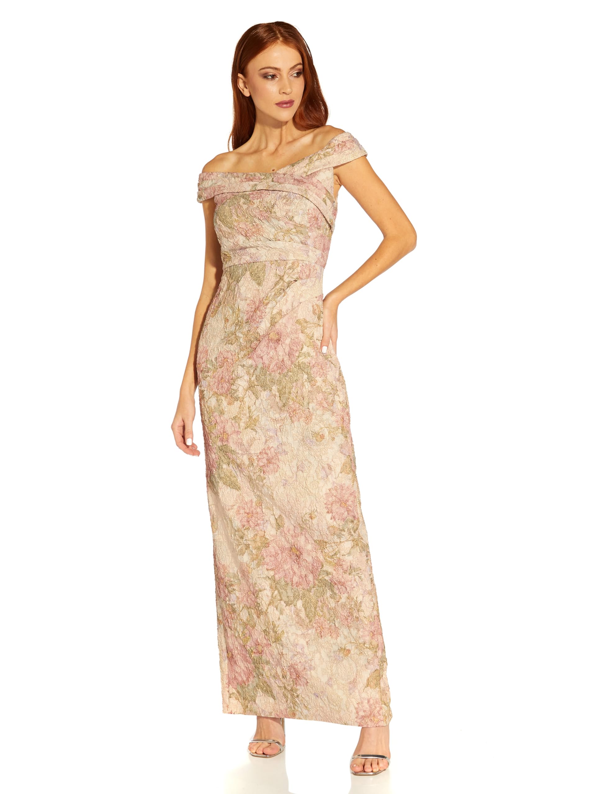 Photo 1 of Adrianna Papell Women's Off Shoulder Matelasse Gown | Floor Length Formal Dress with Metallic Accents & Back Slit