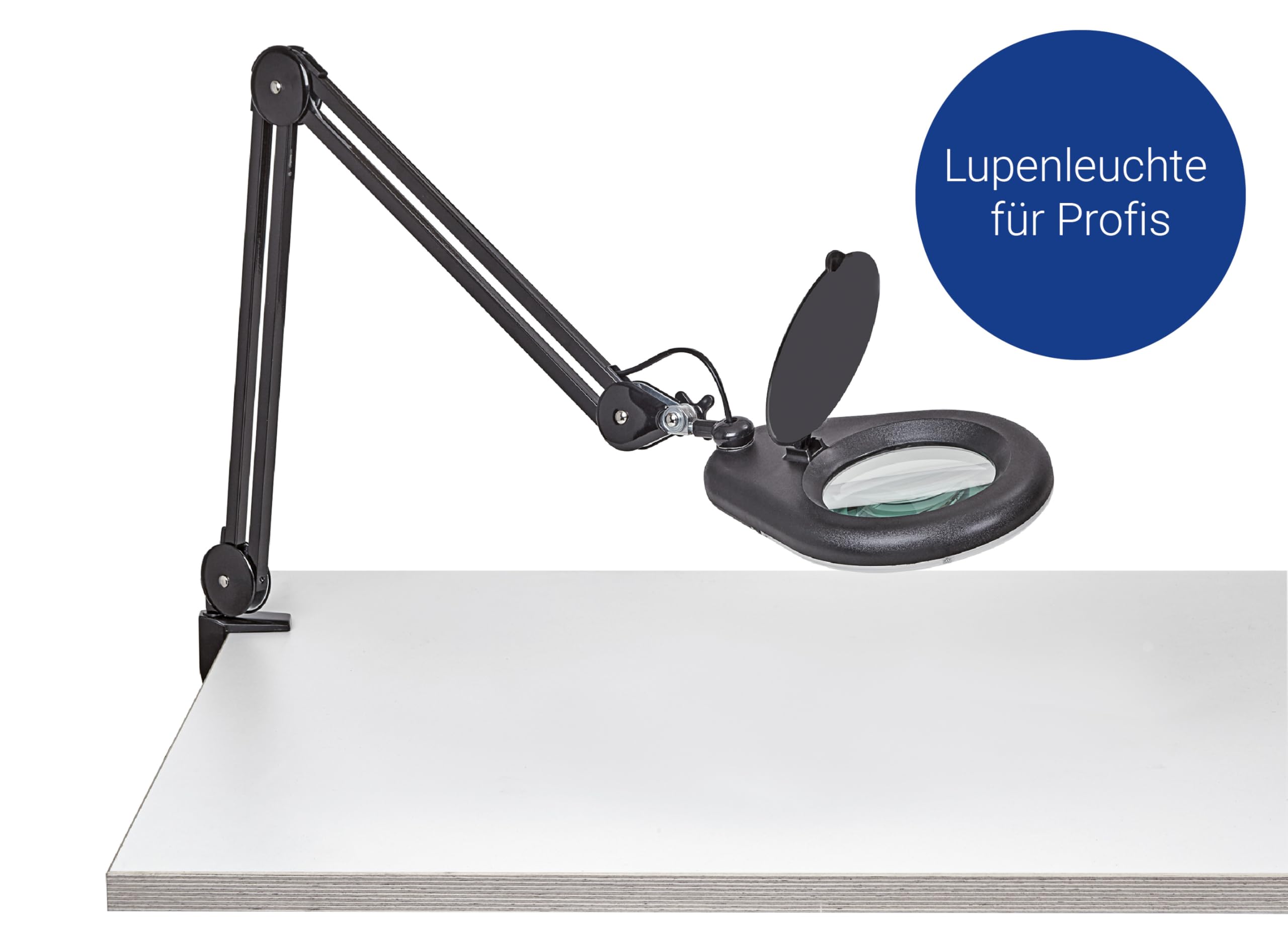 MAUL LED Lupenlampe schwarz MAULviso Tischklemme Echtglas tageslichtweiß | präzise 1.75-fache Vergrößerung, flexibel ausrichtbarer Metallarm, gleichmäßige Ausleuchtung für feine Arbeiten