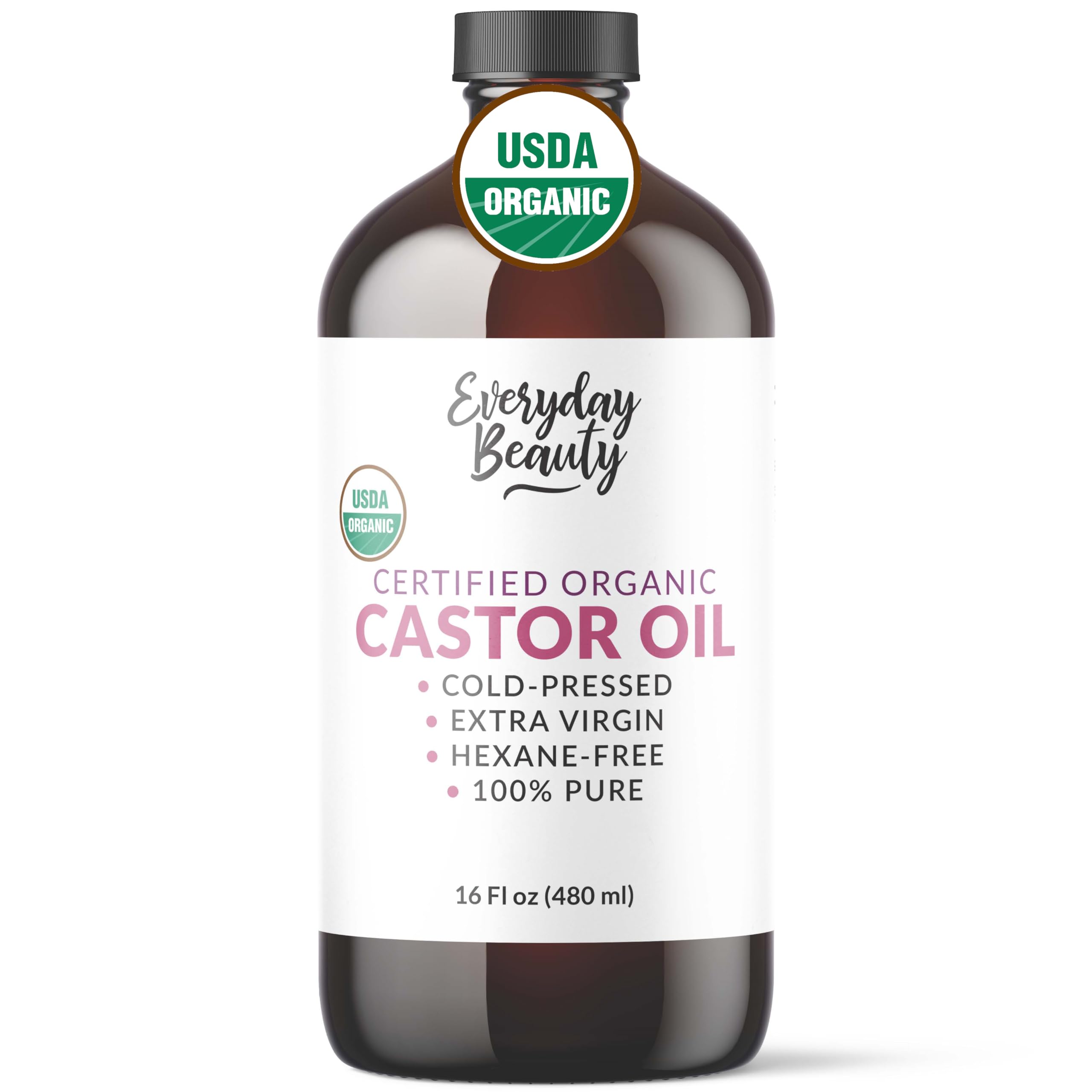 Organic Castor Oil - 16 Fl Oz Glass Bottle -100% Pure Certified USDA Organic, Cold Pressed & Hexane-Free, For Eyelashes, Eyebrows, Hair, Skin &