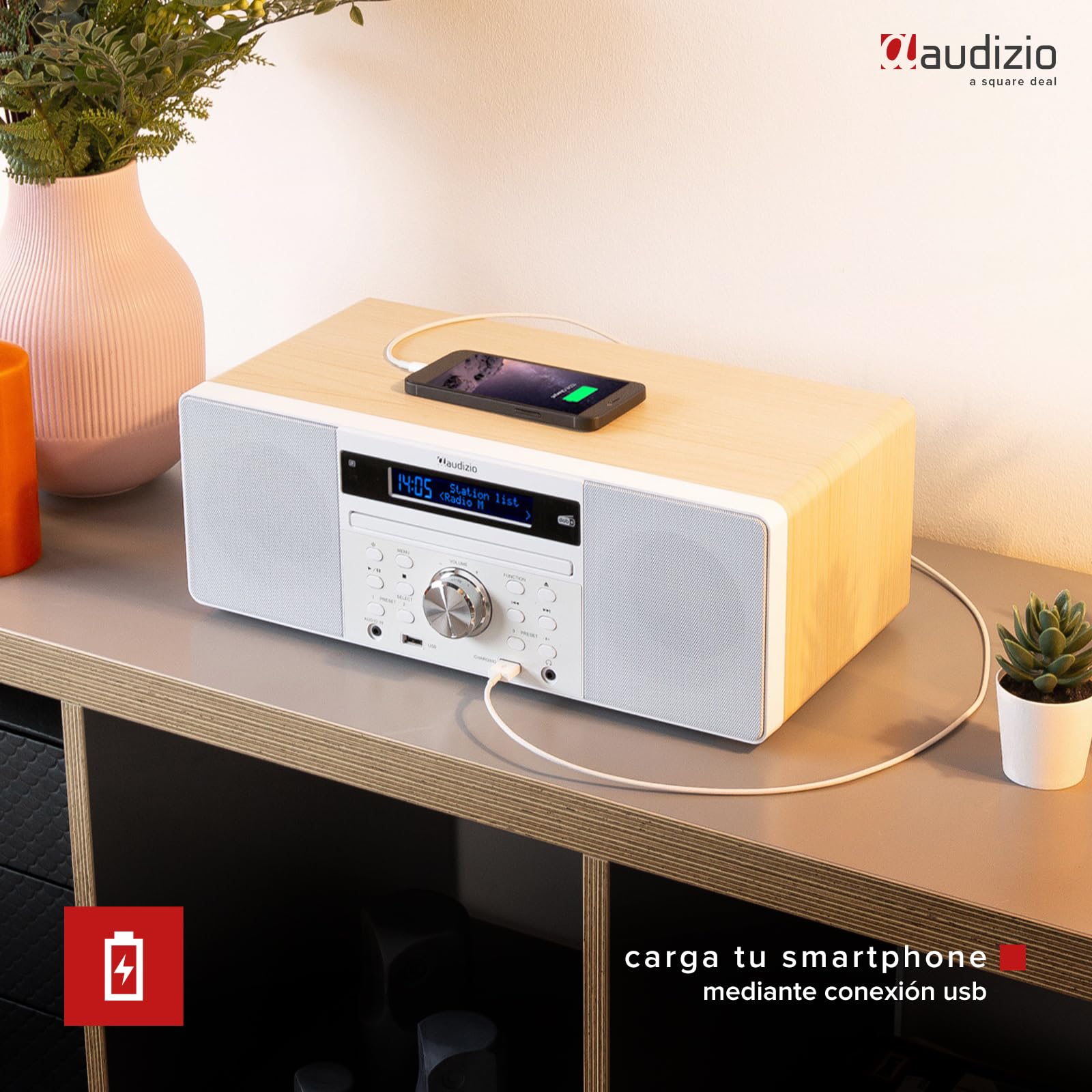 Audizio Prato Sistema Musical Todo-en-uno. Radio FM y Dab+, Bluetooth 4.0, USB, Reproductor de CD, Reloj, Alarma, Display con dimmer, presets de Sonido, Salida de Auriculares - Color Blanco