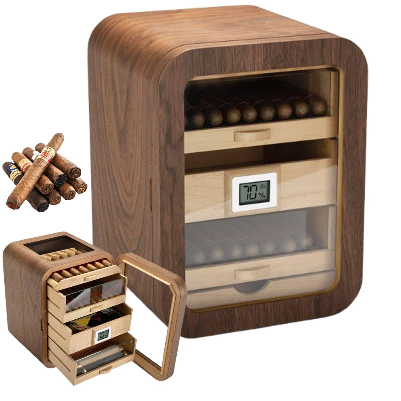 MhWrughts Electric Cigar Humidor for Cigars, 110 Count Glass Top Cabinet with Spanish Cedar Drawers, Digital Hygrometer, Humidifier, Walnut Wood Cabinet for Home Bar BlackWalnut-A