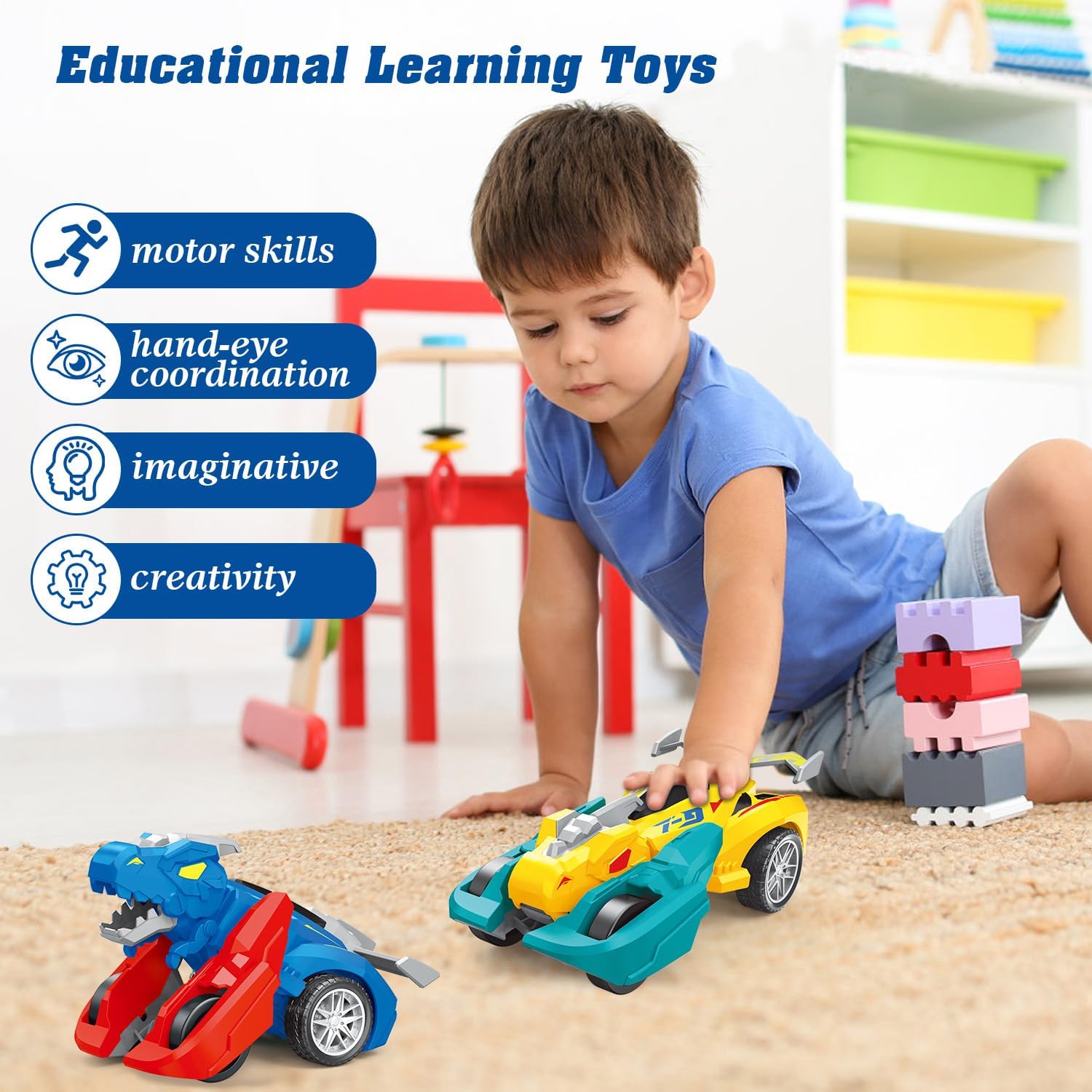 Dinosaur Monster Truck Toys for Ages 2-4, 2 Pack Collision Transformer Dinosaur Toys for Kids 3-5 Cars,Toddler Boy Toy Push and Go Cars,Educational 2 3 4 Year Old Boy Girl Toy Birthday
