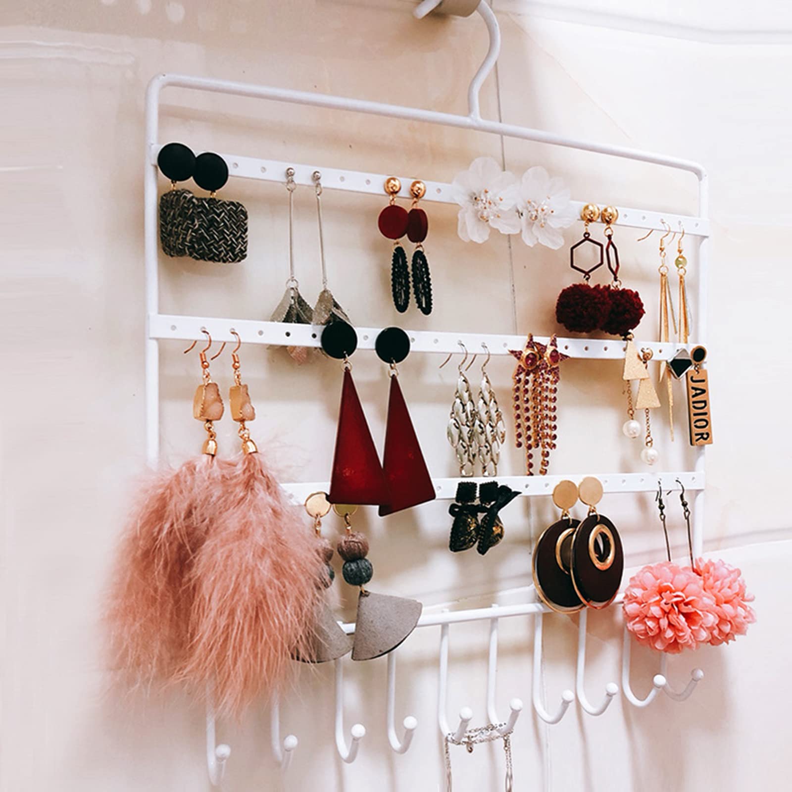 Wand Schmuckregal Aufhängen von Ohrringen, Eisen geschmiedet, mit 10 Haken, Schmuck Organizer zur Präsentation von Armbändern, Halsketten, Ringen, Wand und Tür Hänge Organizer, schwarz weißer