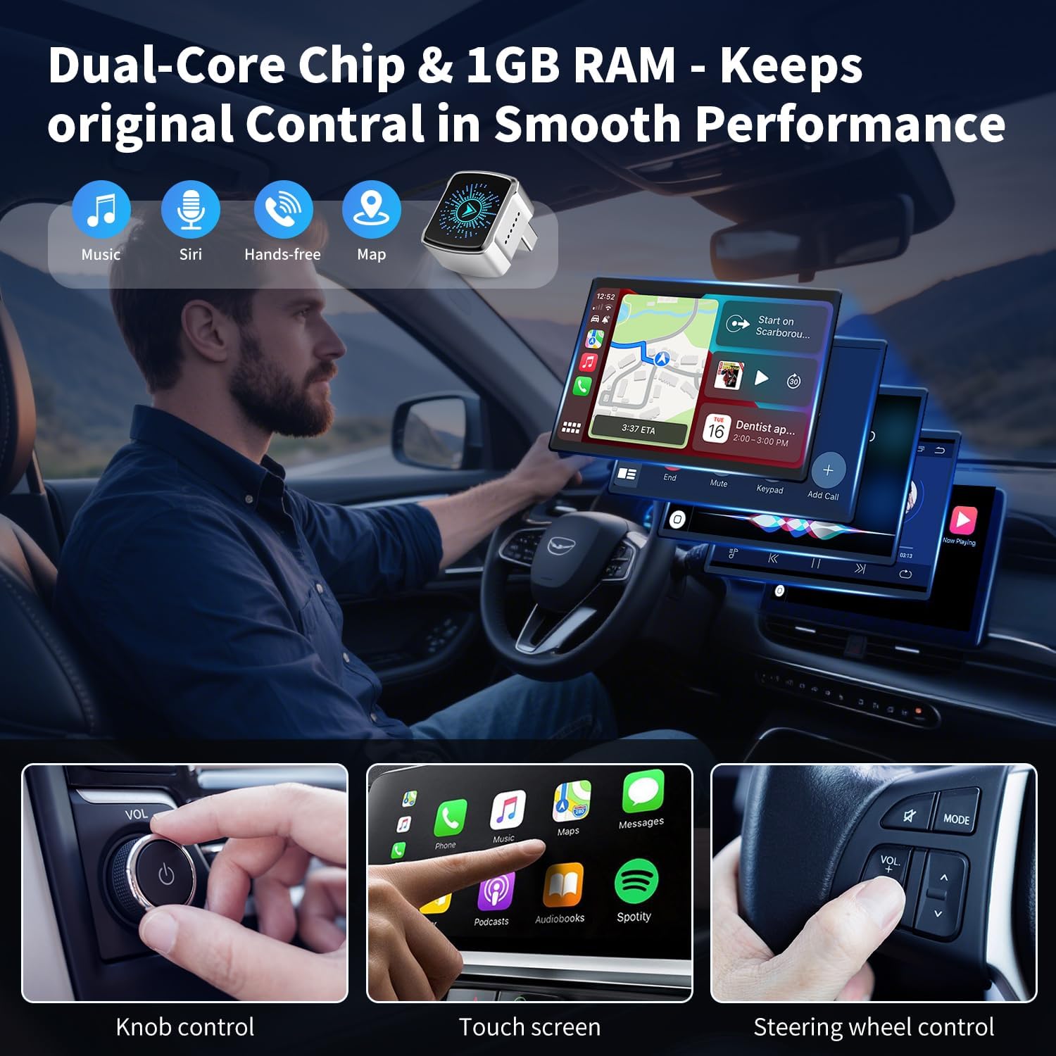 Driver interacting with car's infotainment system using various controls, demonstrating compatibility with the wireless adapter.