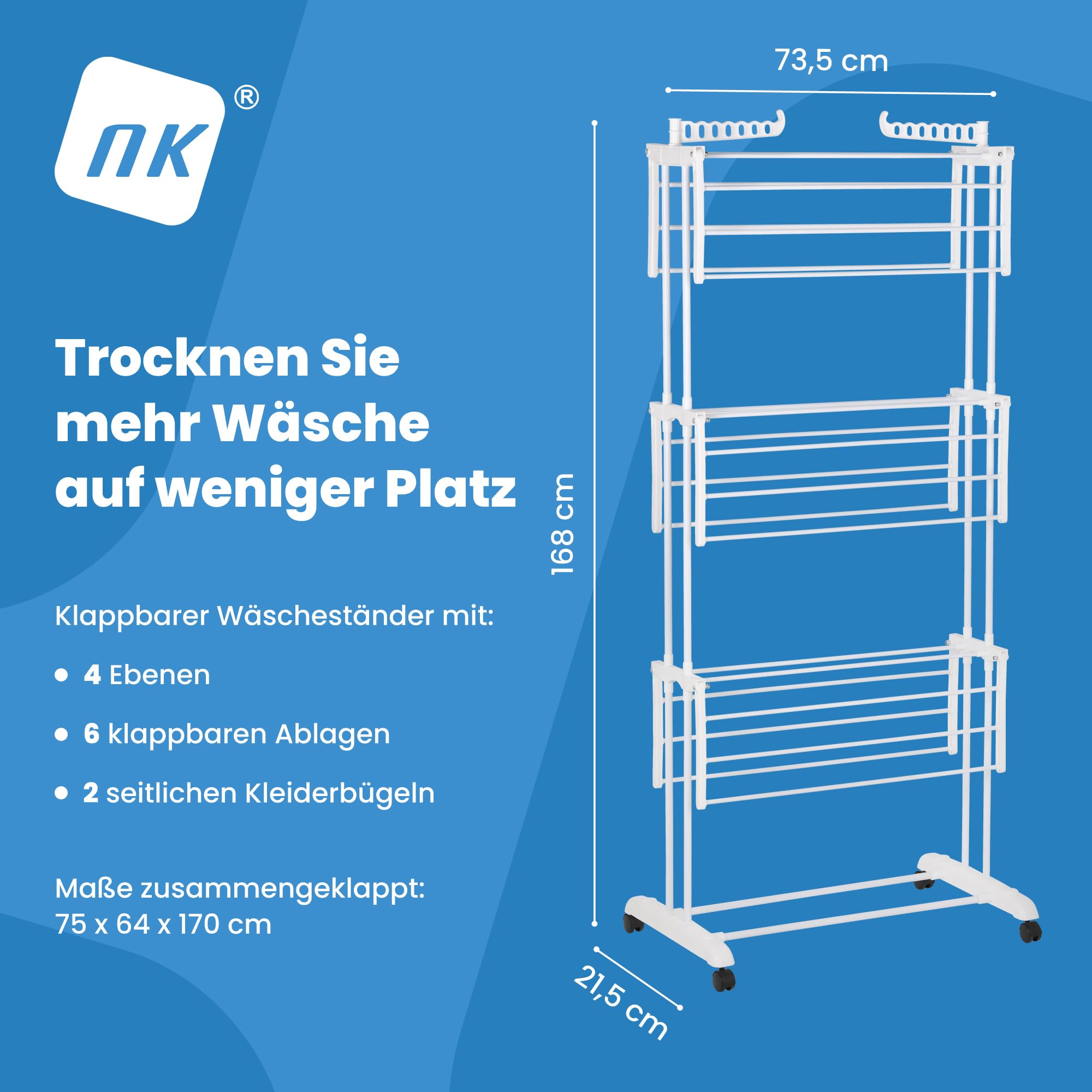 NK Wäscheständer Wäschetrockner Turm mit Rollen und 4 Ebenen – 6 Ausziehbare Ablagen + 2 Seitliche Flügel mit Bügelhalter + Schuhablage, 360° Rollen, Farbe Weiß (19m Wäsche)