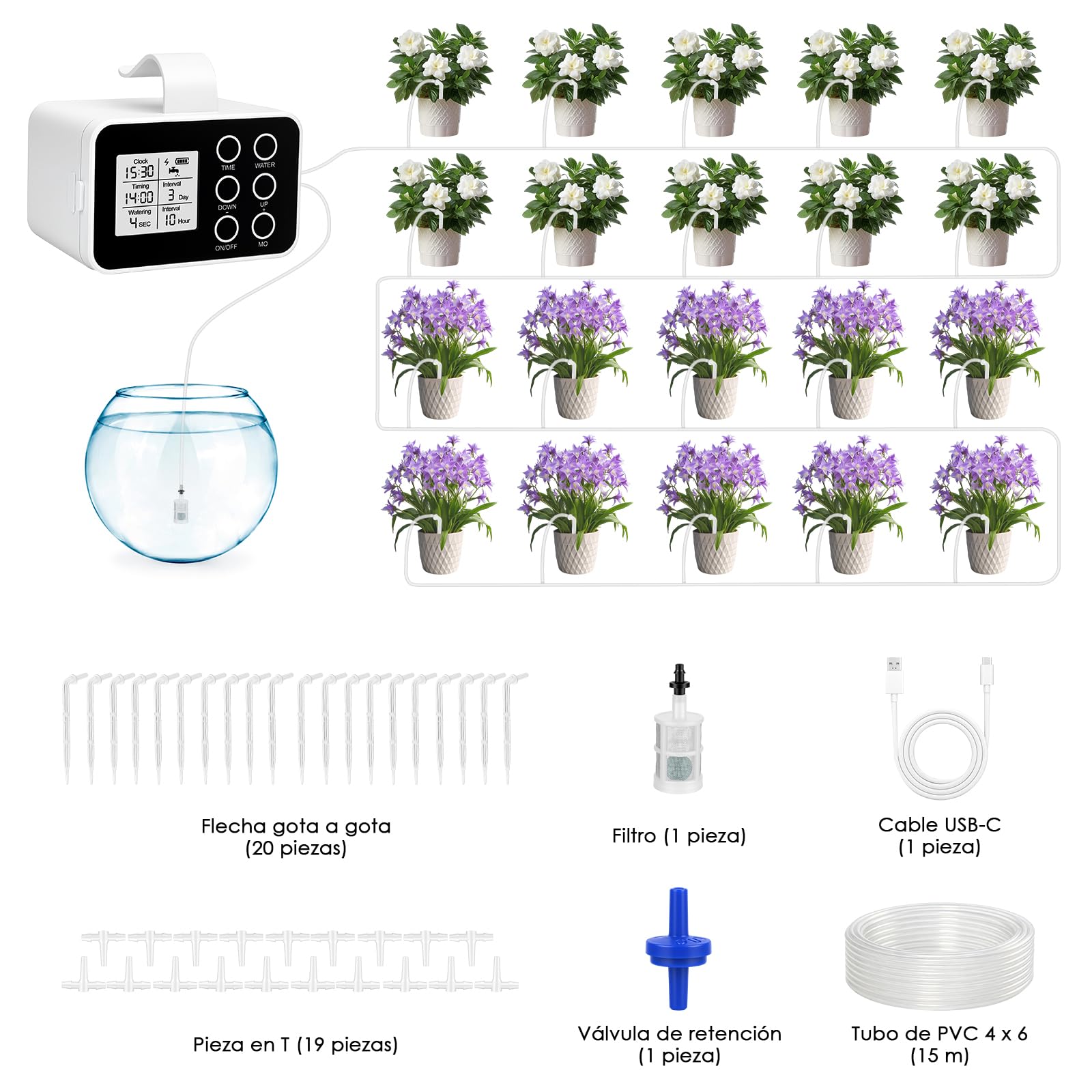 ZWOOS Riego Automático, Sistema De Riego Automático con Temporizador, 20 Goteros & Manguera 15M, Batería 2000mAh, USB-C, Kit De Riego Por Goteo para Huerto Elevado, Invernadero & Plantas