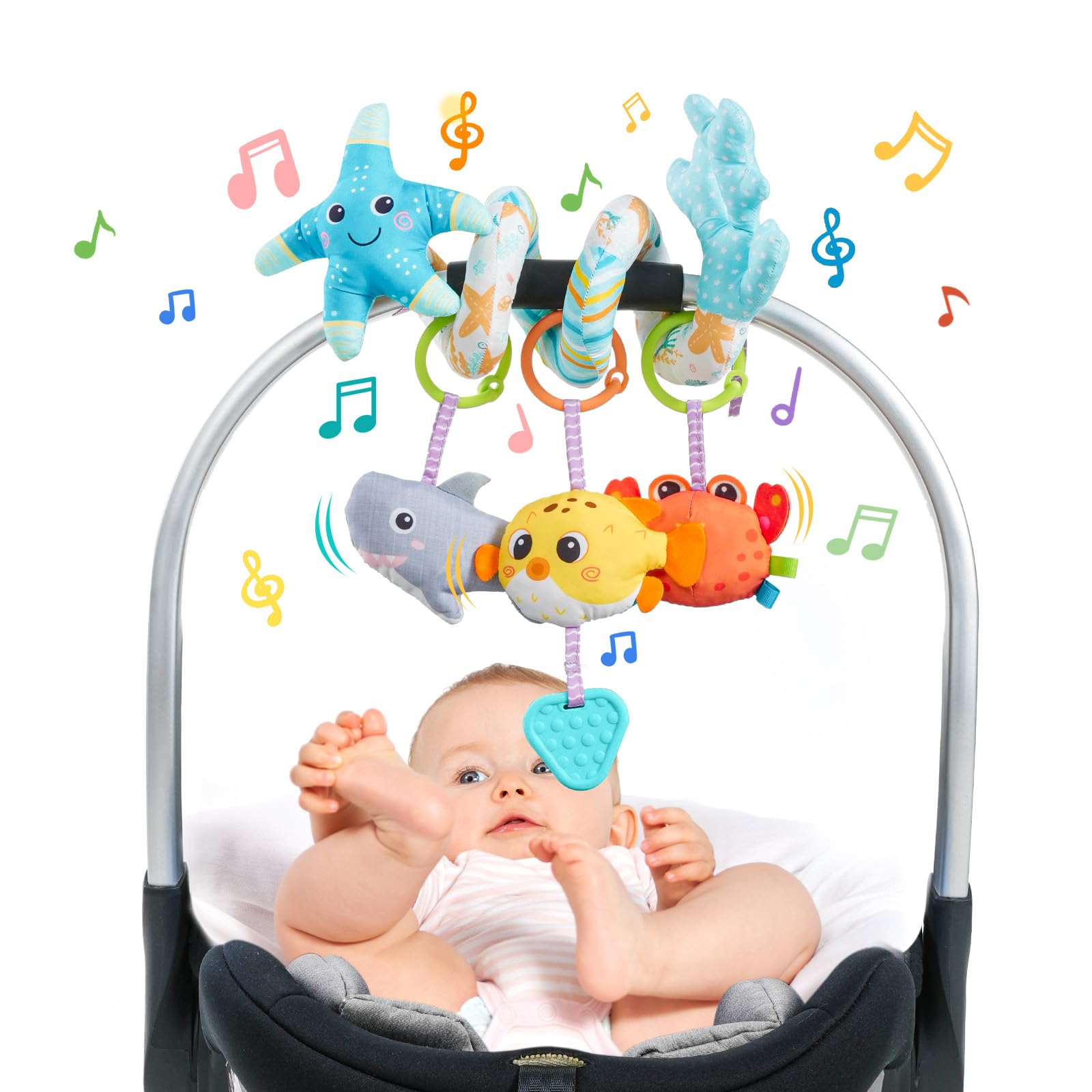 Jollybaby Crib Stroller Car Seat Toys for Baby 0-3-6-9-12 Months, Tummy Time Hanging Sensory Toys for Newborn with Music Box and Teether, Spiral Carseat Toy for Infant Boys Girls Gifts (Blue)