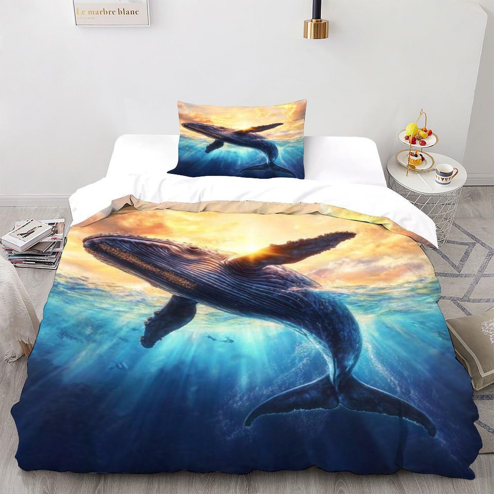 Housse de couette baleine océan 135x200 microfibre avec taie d'oreiller