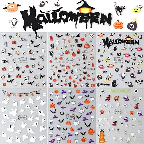 Miniatura 2 de Calcomanías para uñas de Halloween, 6 hojas de calcomanías de uñas de fantasma, 3D, autoadhesivas, calabaza, murciélago, fantasma, cráneo, araña,