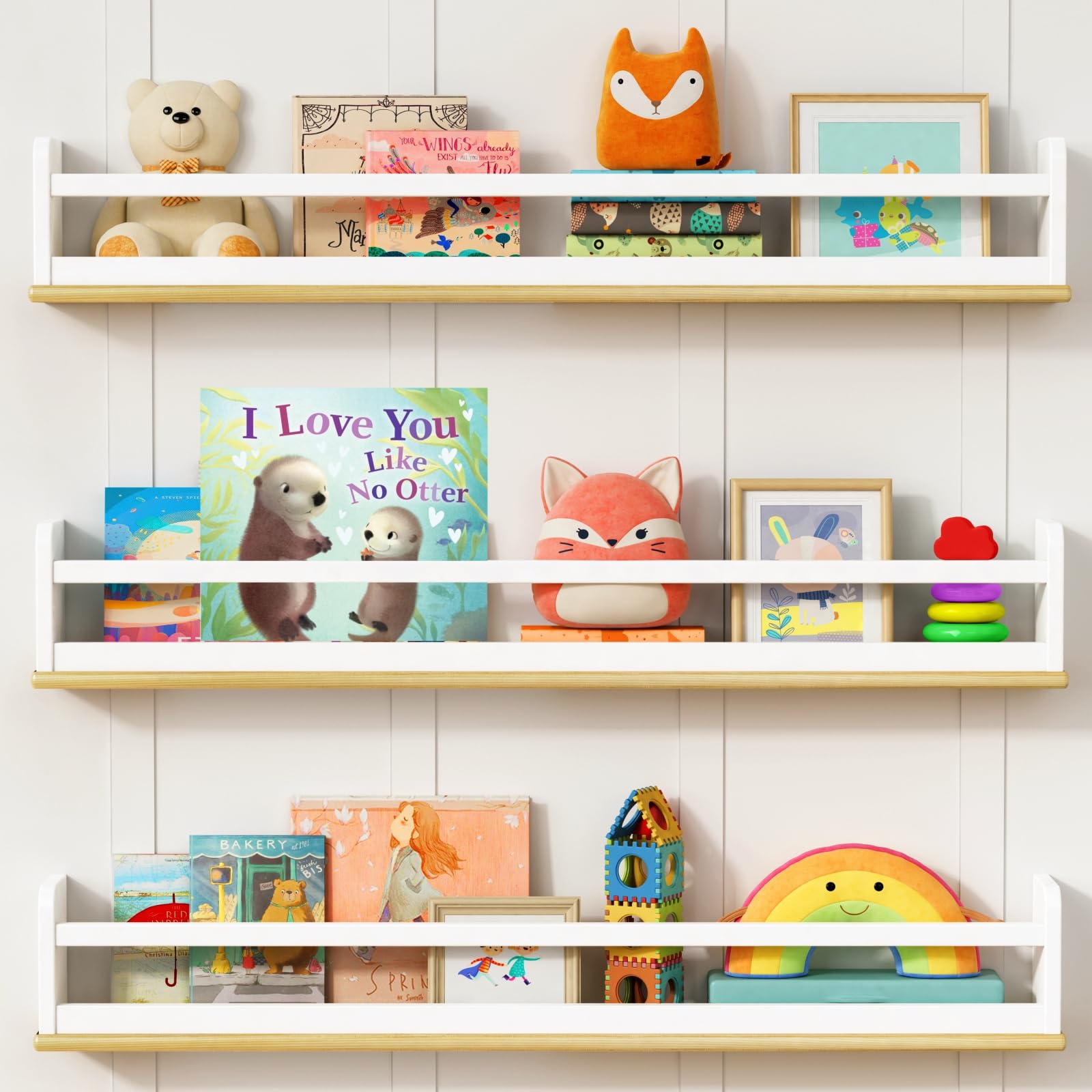 Estantes flotantes de 36 pulgadas de largo para pared de guardería, estantes grandes para libros de pared para habitación de los niños, estantería de Haning blanco y natural para niños