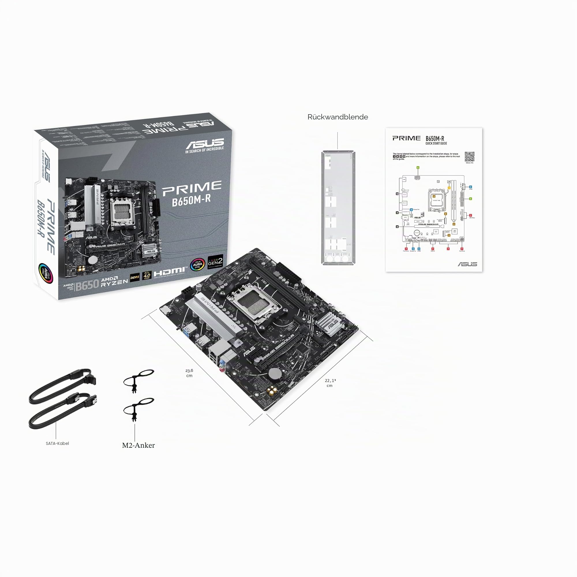 ASUS Prime B650M-R Gaming Mainboard Sockel AMD AM5 | microATX, DDR5, PCIe 4.0, Realtek 2.5Gb Ethernet, HDMI, SATA 6 Gbit/s, BIOS Flashback, Aura Sync
