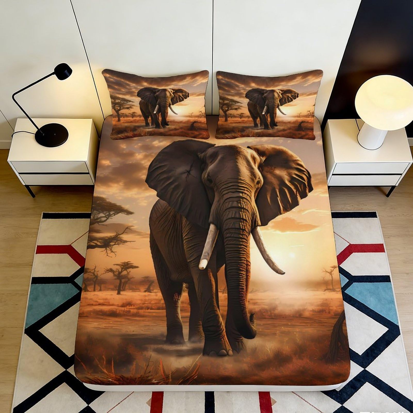 3D Printed Elephant Sunset Fitted Sheet Microfiber Soft Anti-Slip African Savanna Bed Cover for Bedroom Decor 90x200x25cm