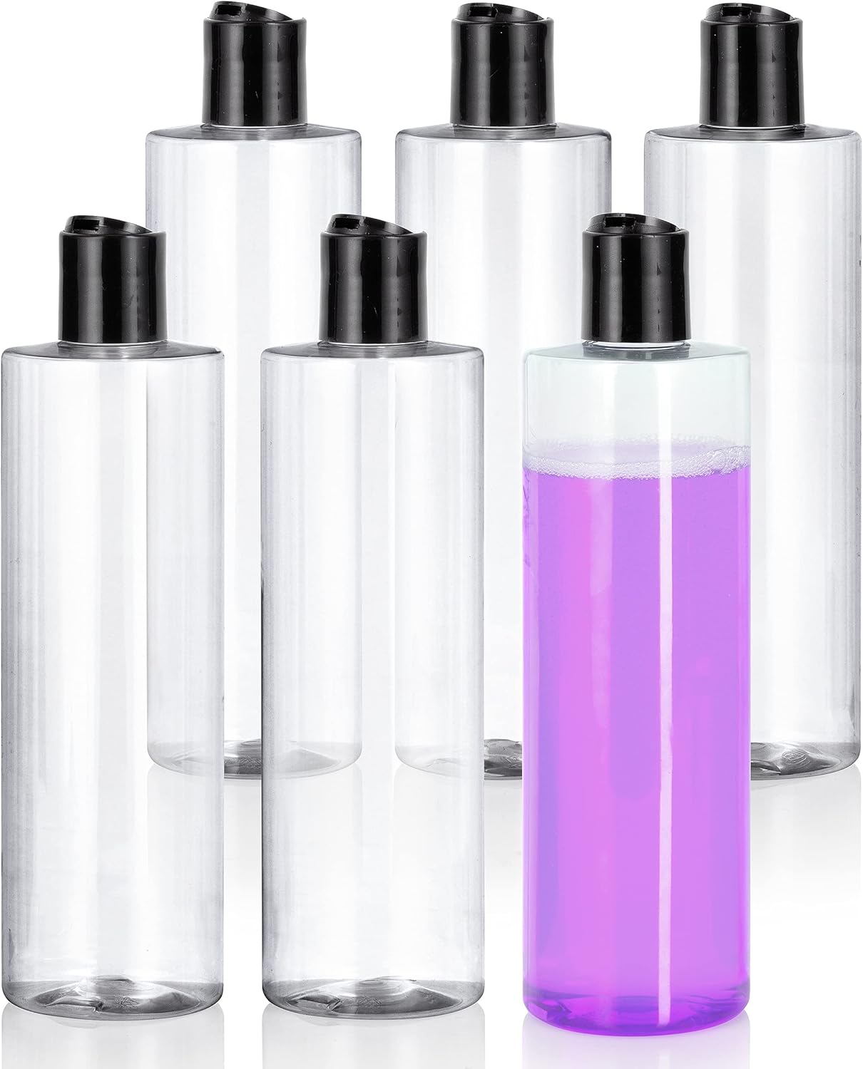 JUVITUS 12 oz Clear Professional Cylinder PET Plastic Bottles with Black Disc Cap (6 Pack)