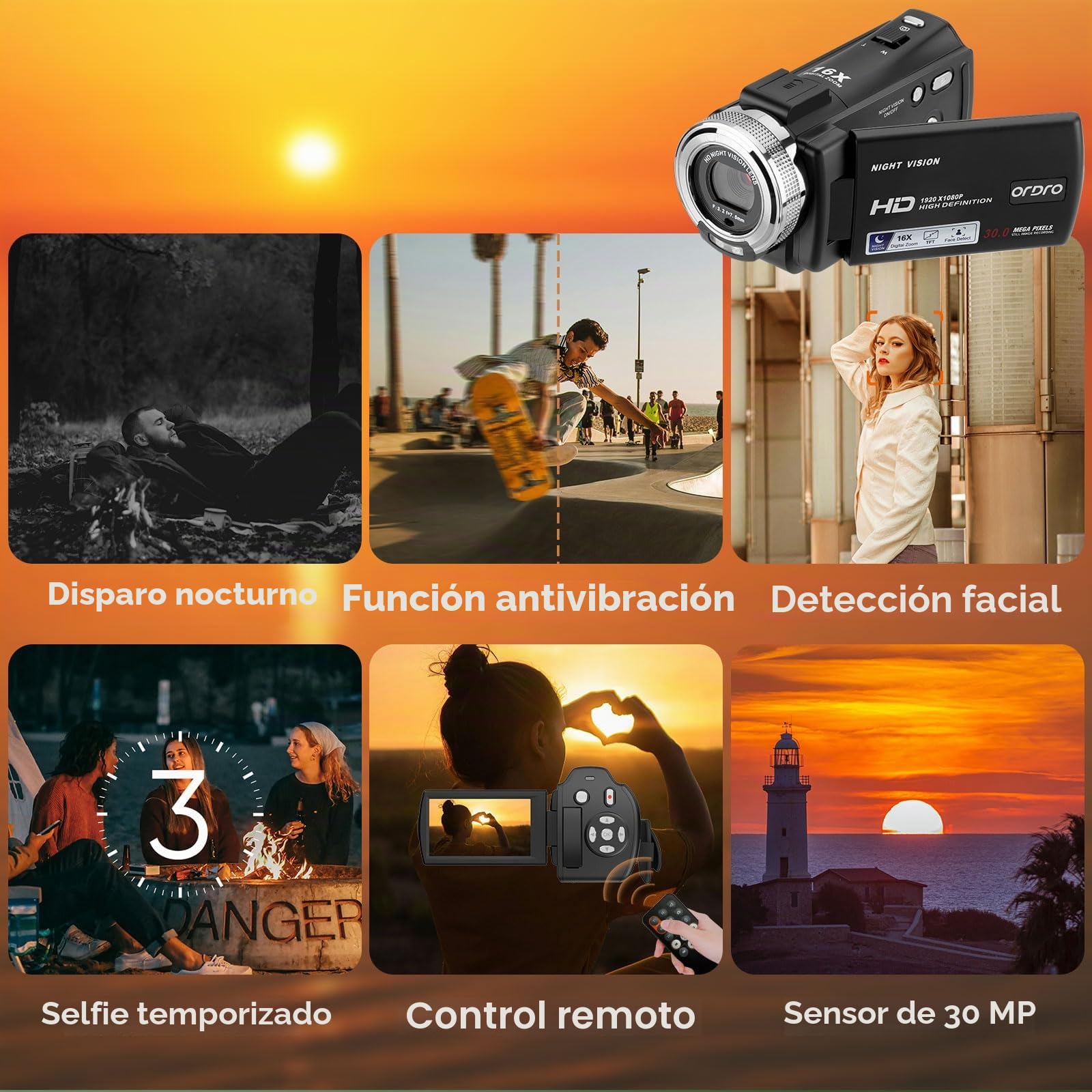 ORDRO Cámara de video con visión nocturna IR, videocámara 1080P, cámara de vlogging con zoom digital 16X con luz de visión nocturna, grabadora de video con luz y 2 baterías, control remoto