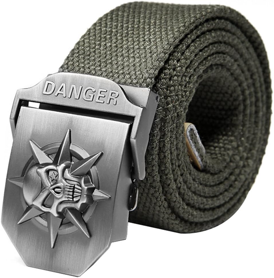 Ayliss Men's Canvas Web Belt Danger Skull Stainless Steel Buckle Military Waistband,Army Green