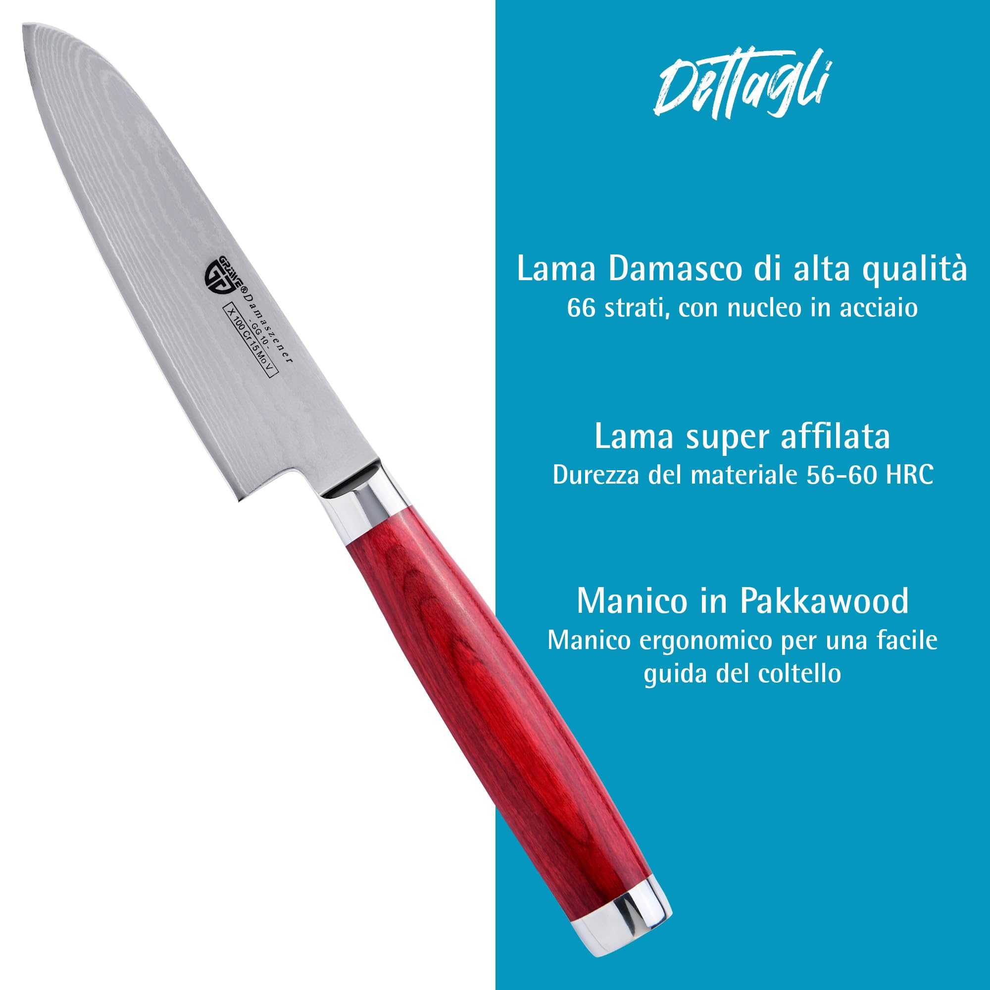 GRÄWE Coltello da cucina Damasco, lama da 12,5 cm, coltello damascati, coltello Santoku, impugnatura in Pakkawood, coltello da cucina molto affilato, incluso astuccio regalo in metallo