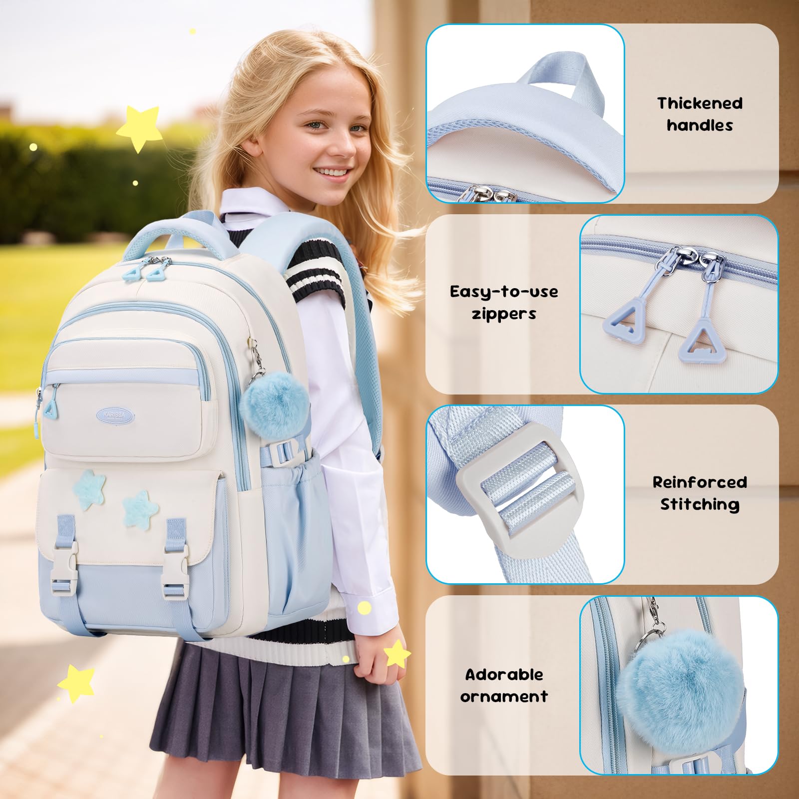 Amythe Cartable Fille Primaire CE2 CM1 CM2, Convient aux Chariot, Bleu | Sac à Dos pour Enfant 9 à 16 Ans, Cartable Filles Collège, Kawaii Décontracté Grande Léger et Imperméable, Rentrée scolaire