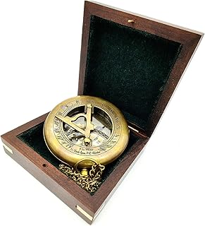 Sundial Compass, Antique Steampunk Brass Sundial Compass, Sundial Watch with Wooden Box