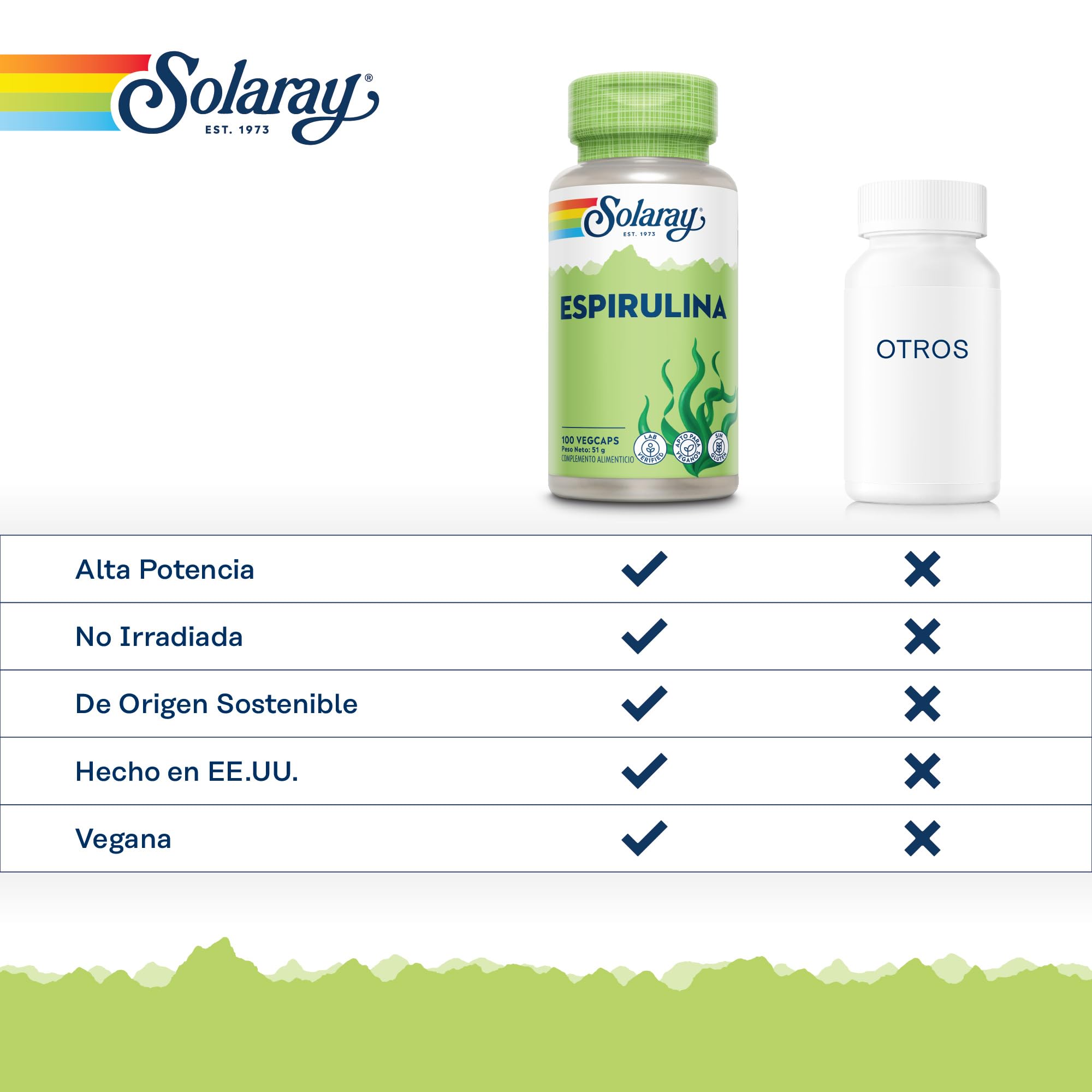 Algas espirulina – 100 cápsulas veganas, no tabletas ni polvo, suplemento de espirulina de alta resistencia con vitamina A añadida de 70 mcg, verificado en laboratorio Solaray
