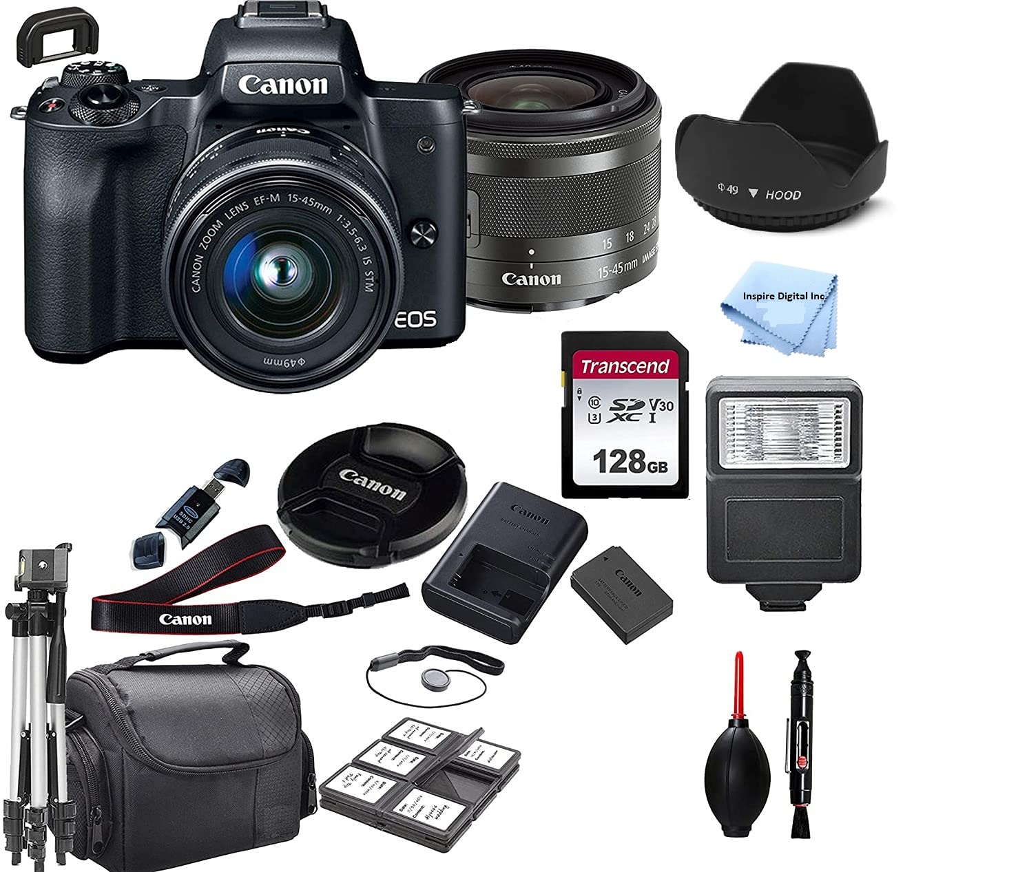 Canon EOS M50 Mirrorless Digital Camera (Black) with 15-45mm STM Lens + 128GB + Padded Case + Steady