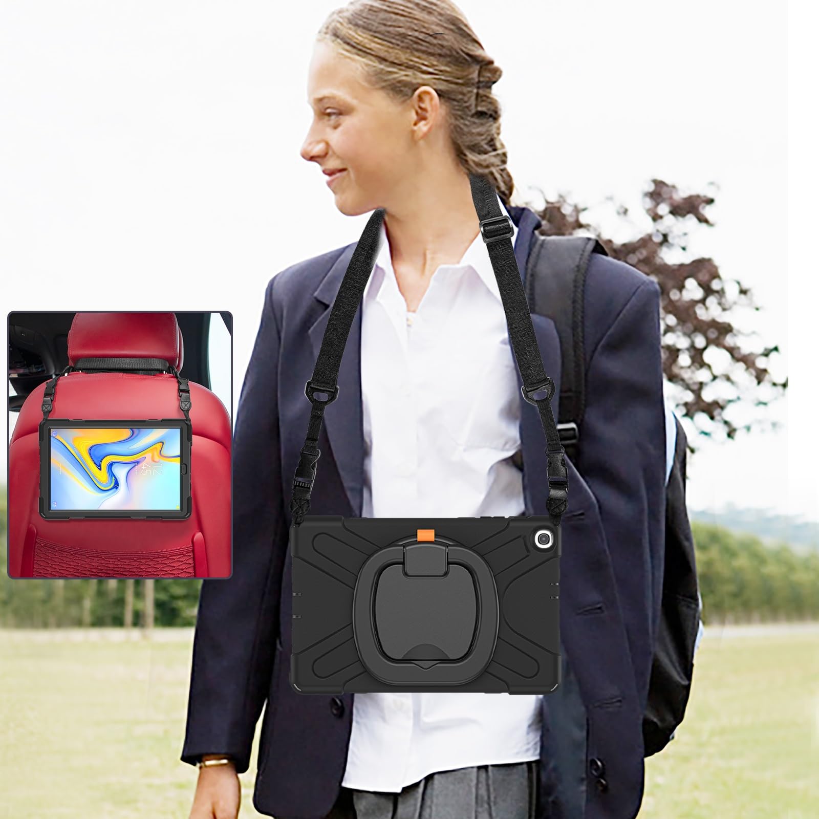 Custodia per tablet Case Compatible with Samsung Galaxy Tab A 10.1 Case 2019 Model(SM-T510/T515),Heavy Duty TPU Shockproof Kids Case,360 Degree Rotating Multi-Function Grip Bracket+Shoulder Strap Rugg