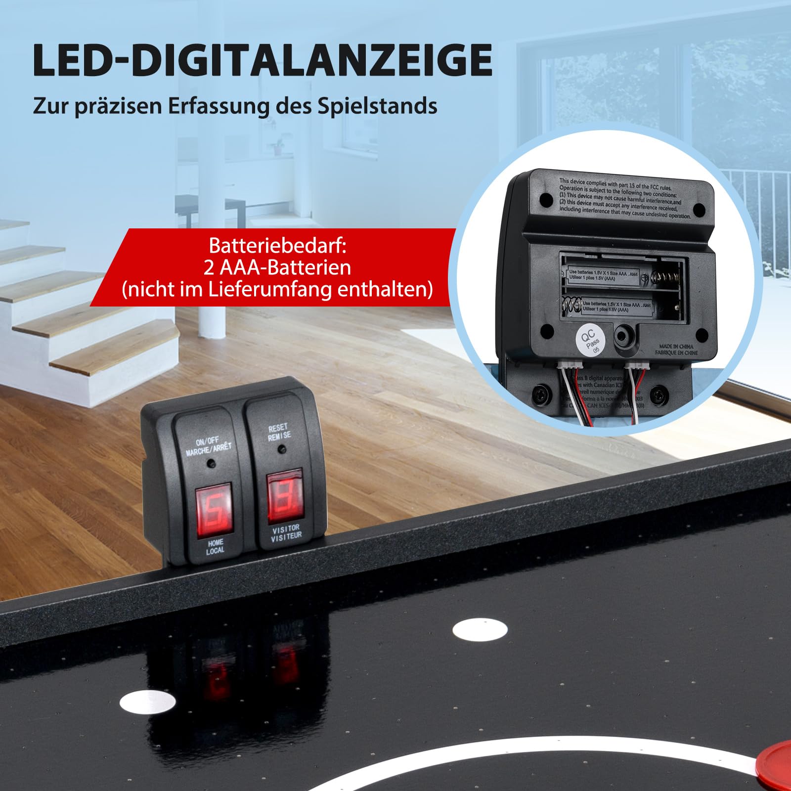 COSTWAY Elektryczny stół do gry w hokeja na Airhokej, z wyświetlaczem LED i silnikiem 12 V, stół hokejowy z 2 krążkami i 2 suwakami, dla dzieci i dorosłych, 144 x 68 x 79 cm