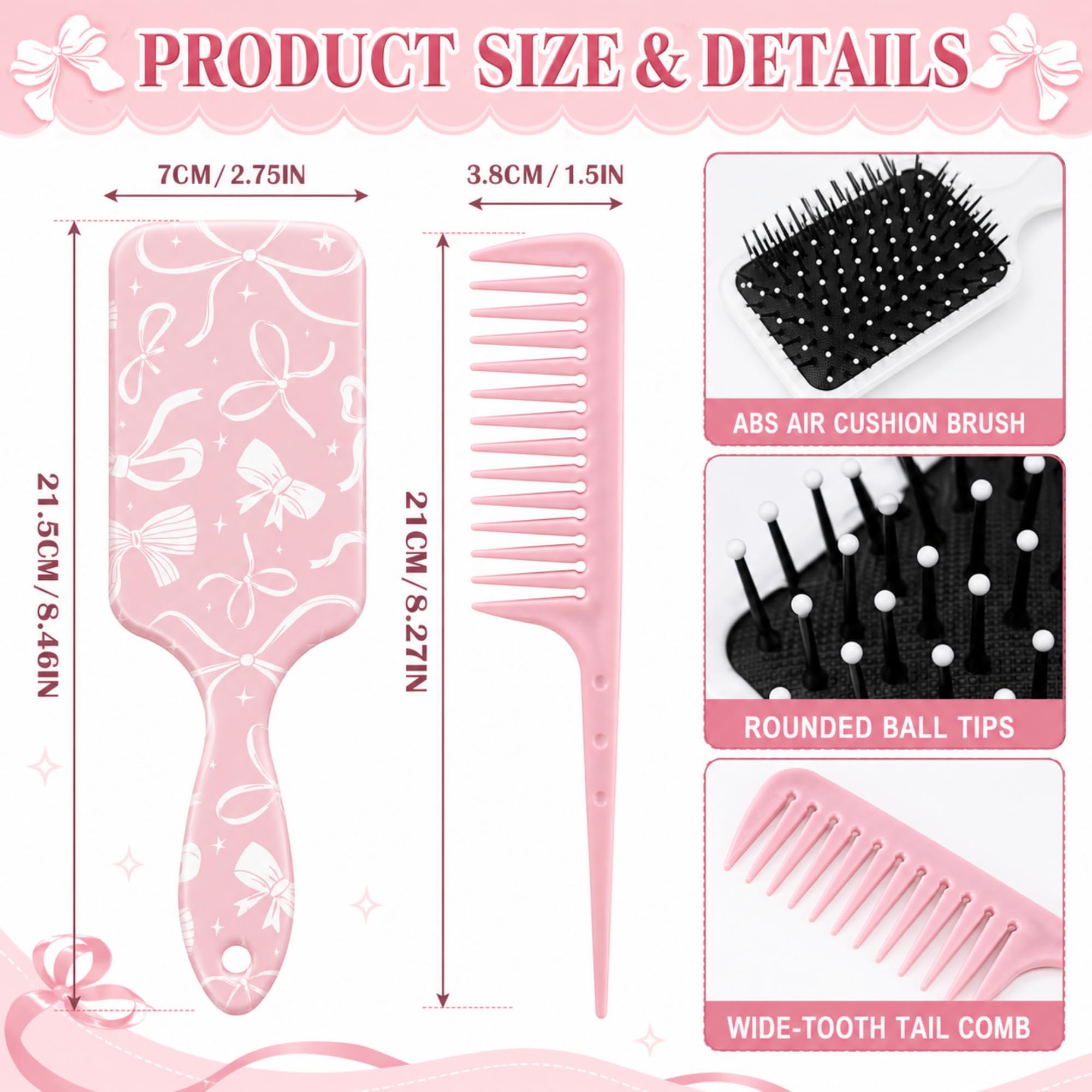 Weysat Coquette - Juego de cepillo para el pelo y peine de cola desenredante rosa, estampado de lazo, antiestático, cojín de aire, peine de dientes anchos para mujeres y hombres, desenreda todo el