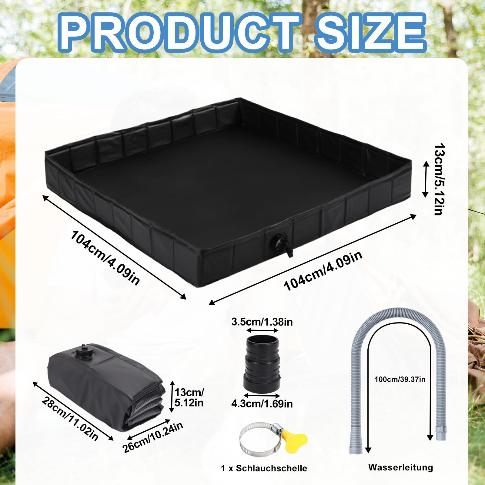 Opvouwbare douchebasis, 104 x 104 x 13 cm grote draagbare douchebak met afvoerbuis, douchetentbasis, douchetent, camping, douchebak, luifelbasis voor binnen en buiten, huisdierdouche badkuip