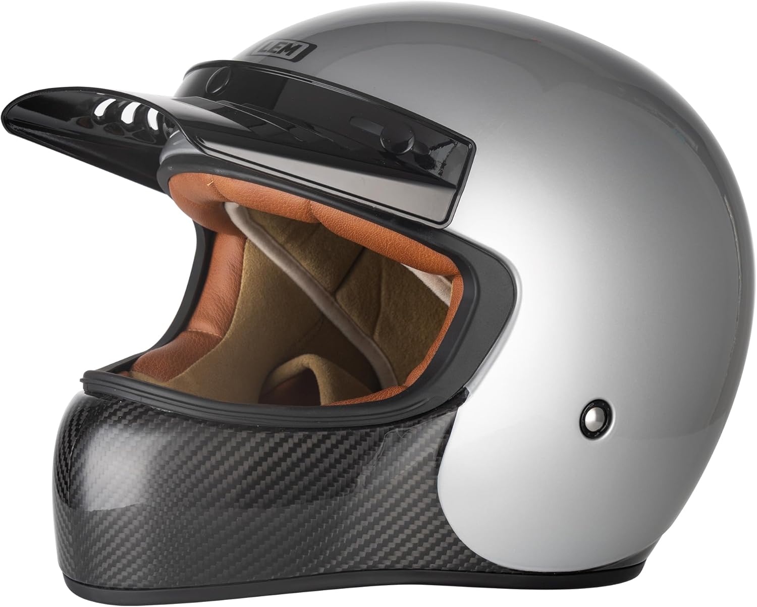 LEM Full Face Motorcycle Helmet Carbon, Classic Retro Helmets DOT for Men Harley Models, Cruiser, Motorcycle Helmet Vintage, Interchangeable Visor, Lightweight Fiberglass Shell (Silver, Size M)