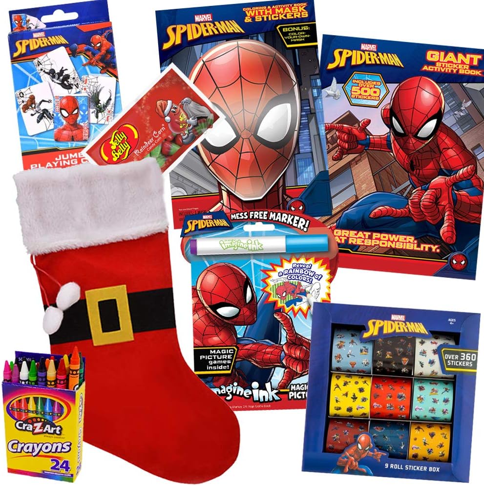 Spiderman Christmas Stocking Bundle by ColorBox Crate, 8 Pack Spider-Man with Spider Man Coloring Books, 900 Spiderman Stickers, Spiderman Mask, Christmas Candy for Children Ages 3-8