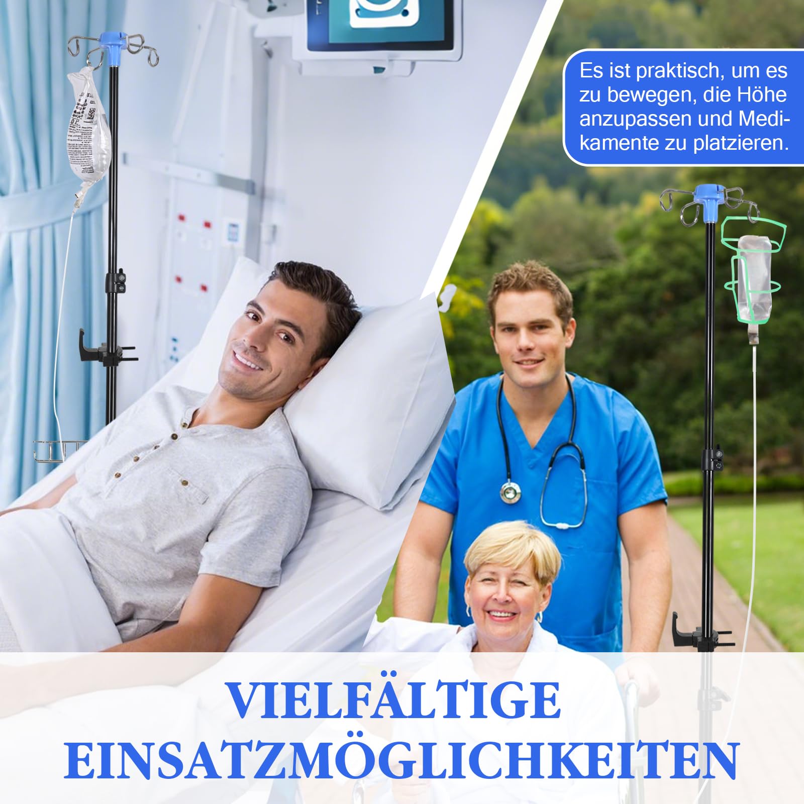 Supporto per infusione con ruote e ganci, pieghevole, regolabile in altezza, con 4 ganci e 3 ruote, supporto portatile per infusione per ospedale, assistenza domiciliare e in viaggio (con ganci)