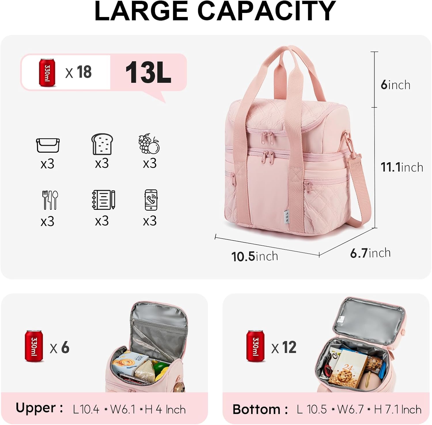 NOL Natural Organic Lifestyle Lunch Bag for Women - Large Double Deck Insulated Lunch Box Leakproof Reusable Lunch Cooler Puffer Lunch Tote Bag with Multiple Pockets for Work Picnic, Pink - Image 2