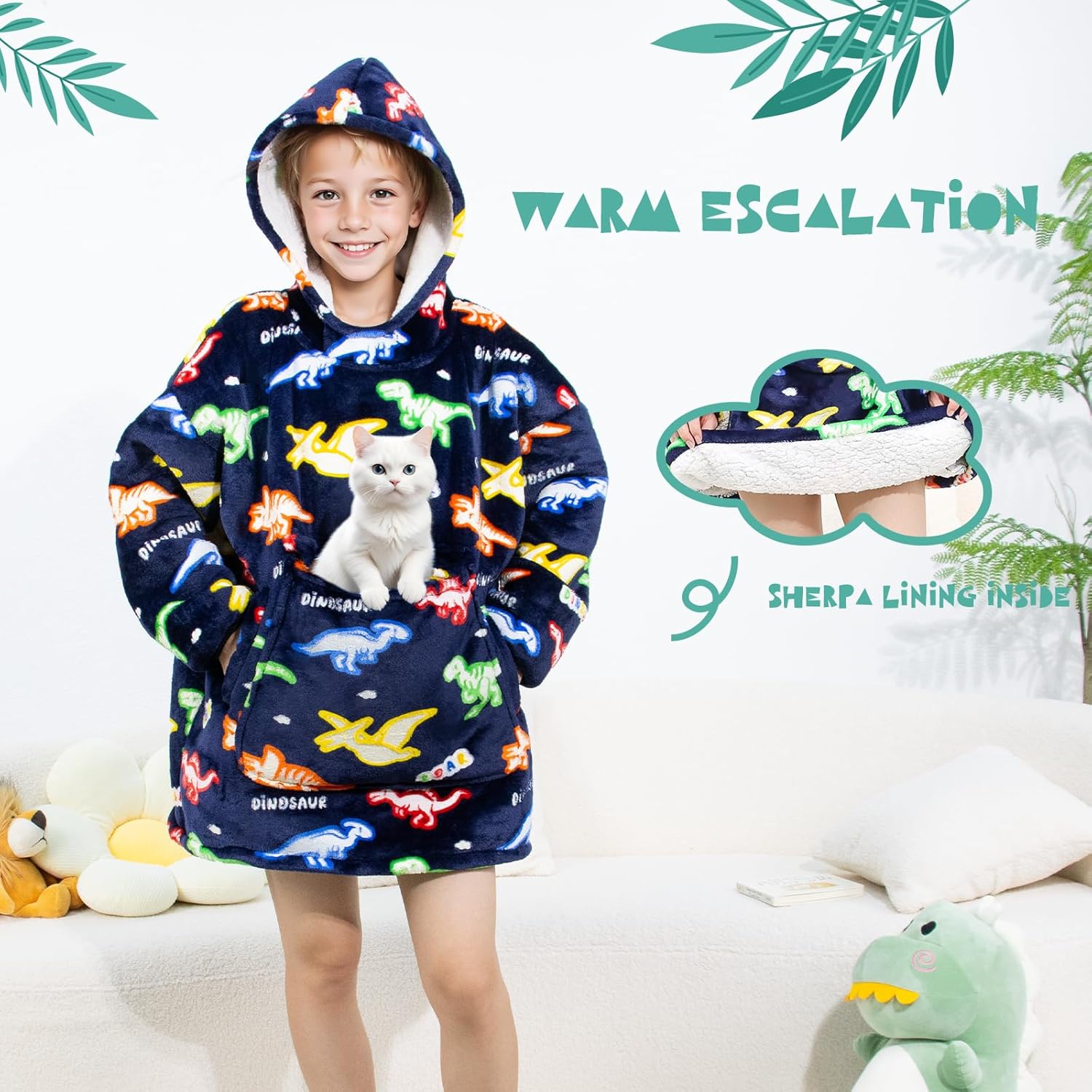 REXEO Wearable Blanket Hoodie for Kids Fleece Sweatshirt Blanket Dinosaur Gifts for Boys Girls Flannel Hooded Blanket with Pocket and Sleeves for Kids - Image 6