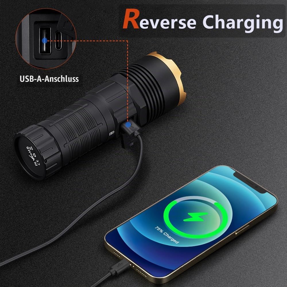 Alonefire X100 LED Taschenlampe 2050 Lumen Superhell USB C Aufladbar 5 Einstellbare Modi Wasserdichte Rückwärtsladung mit Akku für Camping, Notfälle, Wandern, Zuhause