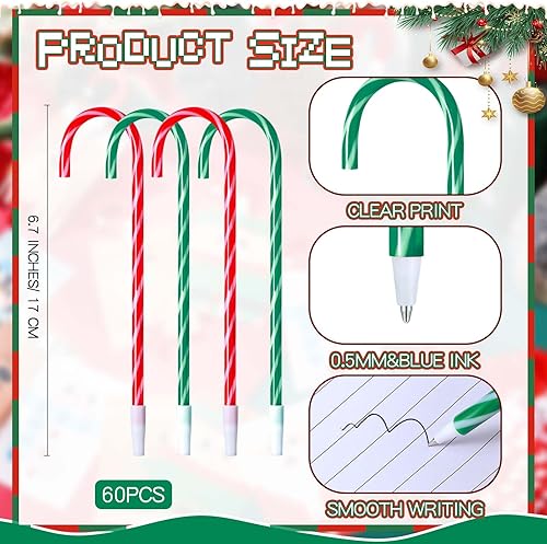 Miniatura 9 de Qilery 60 juegos de bolígrafos de bastón de caramelo de Navidad con tarjetas de felicitación, incluye bolígrafos de Navidad, bolígrafos de dibujos