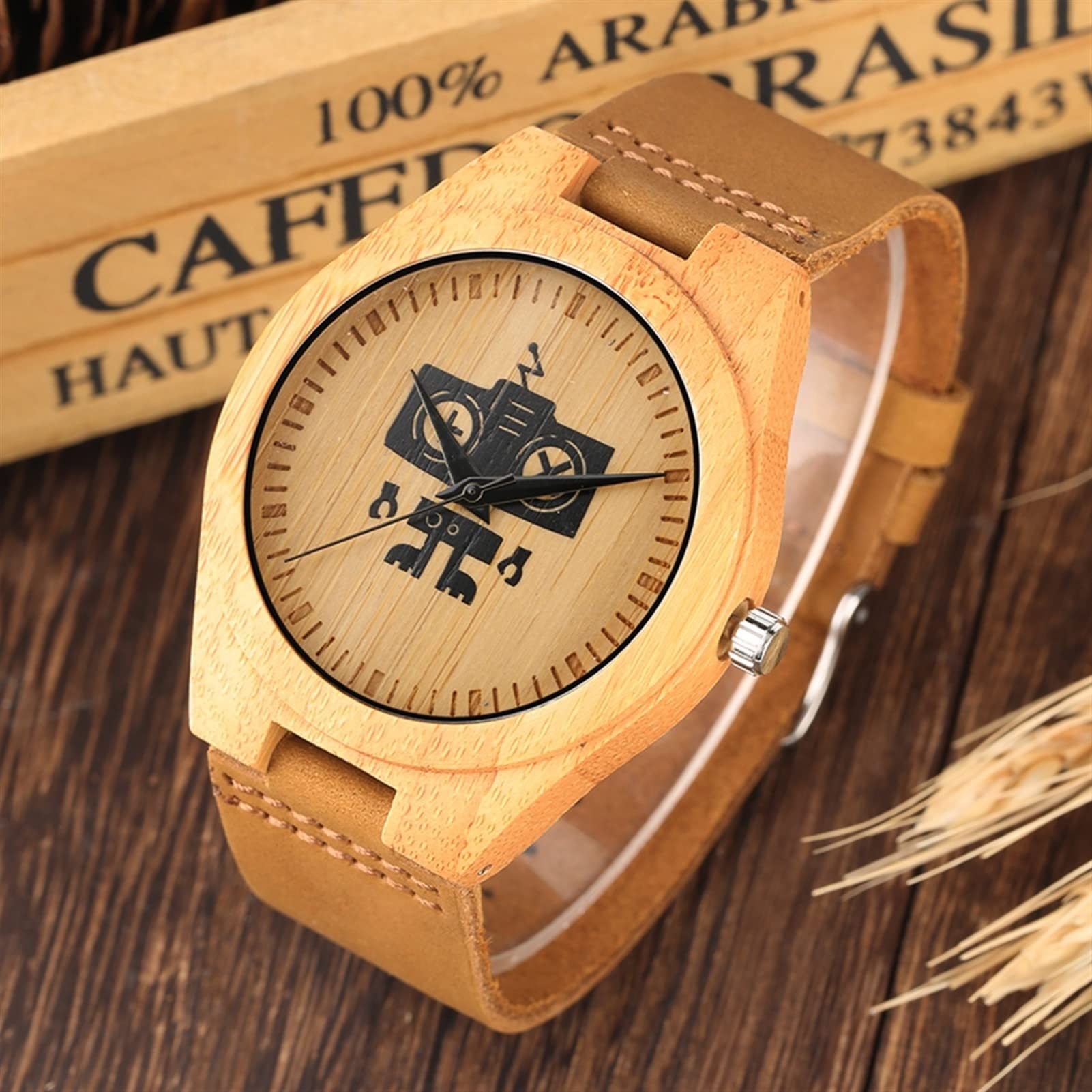 Carino Black Robot Design Design Mens Orologi di Legno Naturale analogico Semplice Orologio da Polso al Quarzo Orologio in Legno Orologio for Gli Uomini Uomo Orologi da Polso