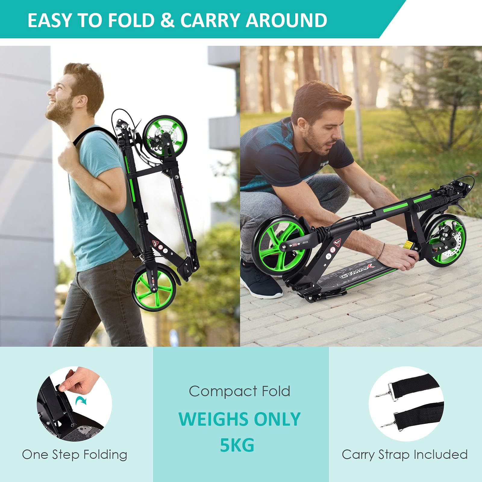 COSTWAY Kickscooter z dzwonkiem i podstawką, hulajnoga z regulacją wysokości, kick scooter składany, hulajnoga miejska obciążalna do 100kg, hulajnoga z pasem nośnym, dla dzieci i dorosłych