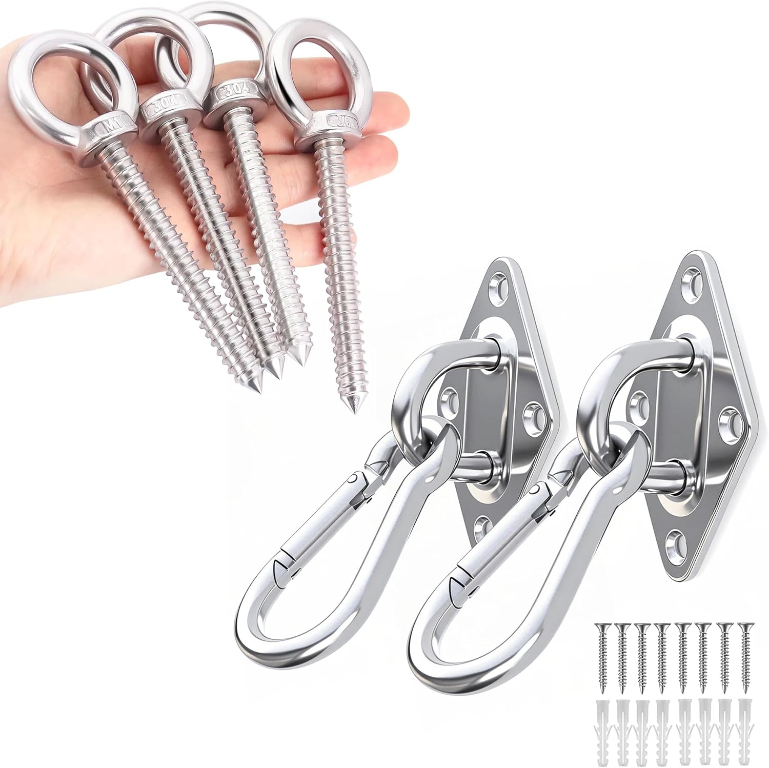 OHIYO Heavy Duty M10 Hanging Bundle: 4Pack 5inch Self-Tapping Eye Hooks + 2 Pad & 2 Snap Hooks for Hammock, Swing, Yoga, Indoor/Outdoor