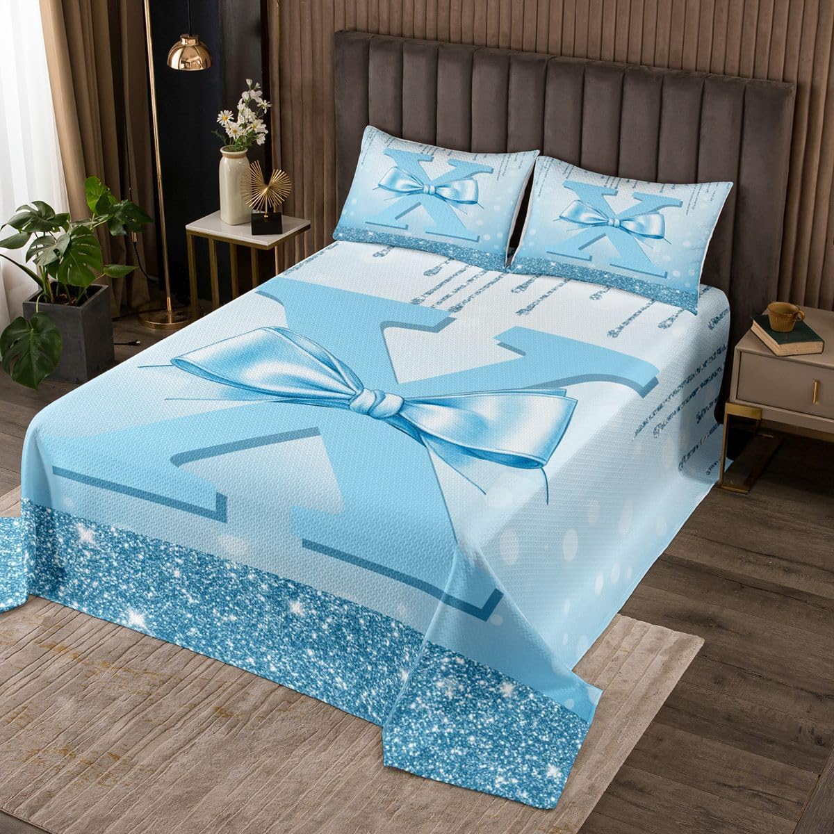 Erosebridal Initial Letter L Bedspread Sets Queen Size for Women Girls Girlfriend - Cute Blue Bow Coverlet Set Girly Trendy Preppy Bow Bed Set Modern Fashion Coquette Bows Bedding Set