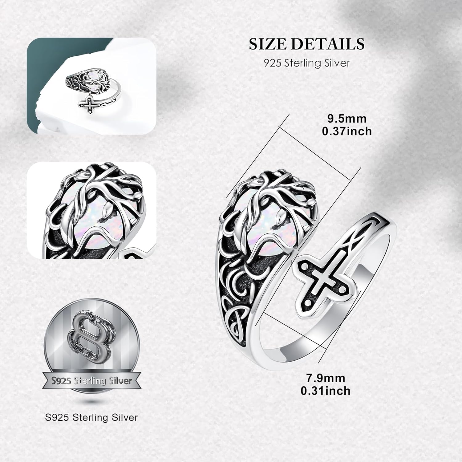 Sunflower Tree of Life Spoon Rings 925 Sterling Silver Vintage Dragonfly Bee Cross Ring Adjustable Thumb Rings Moonstone/Turquoise Jewelry Gifts for Men Women - Image 2