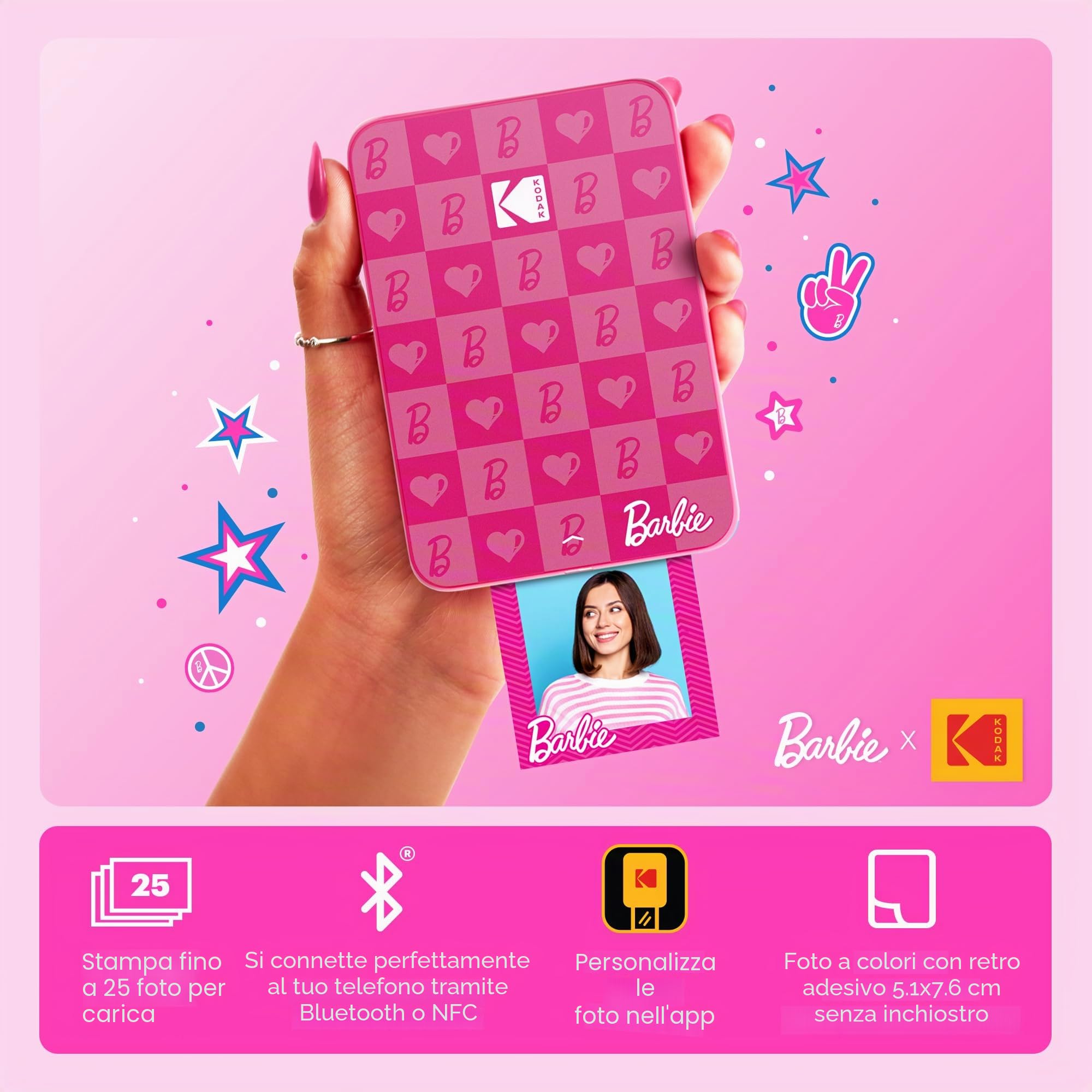 KODAK Barbie Step Slim Stampante Portatile e Wireless per Foto Istantanee (Stile Iconico), Custodia Delue per Fotocamera Barbie, Album Fotografico Barbie, Carta Zink (20 Fogli)