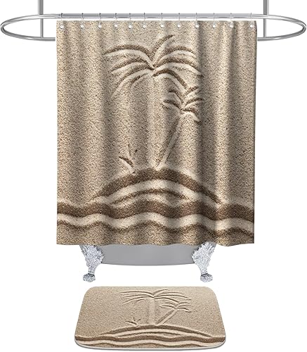 Juego de cortinas de ducha de playa de 72 x 72 pulgadas con hoja de palmera tropical, alfombra de baño de espuma viscoelástica de 20 x 31 pulgadas,