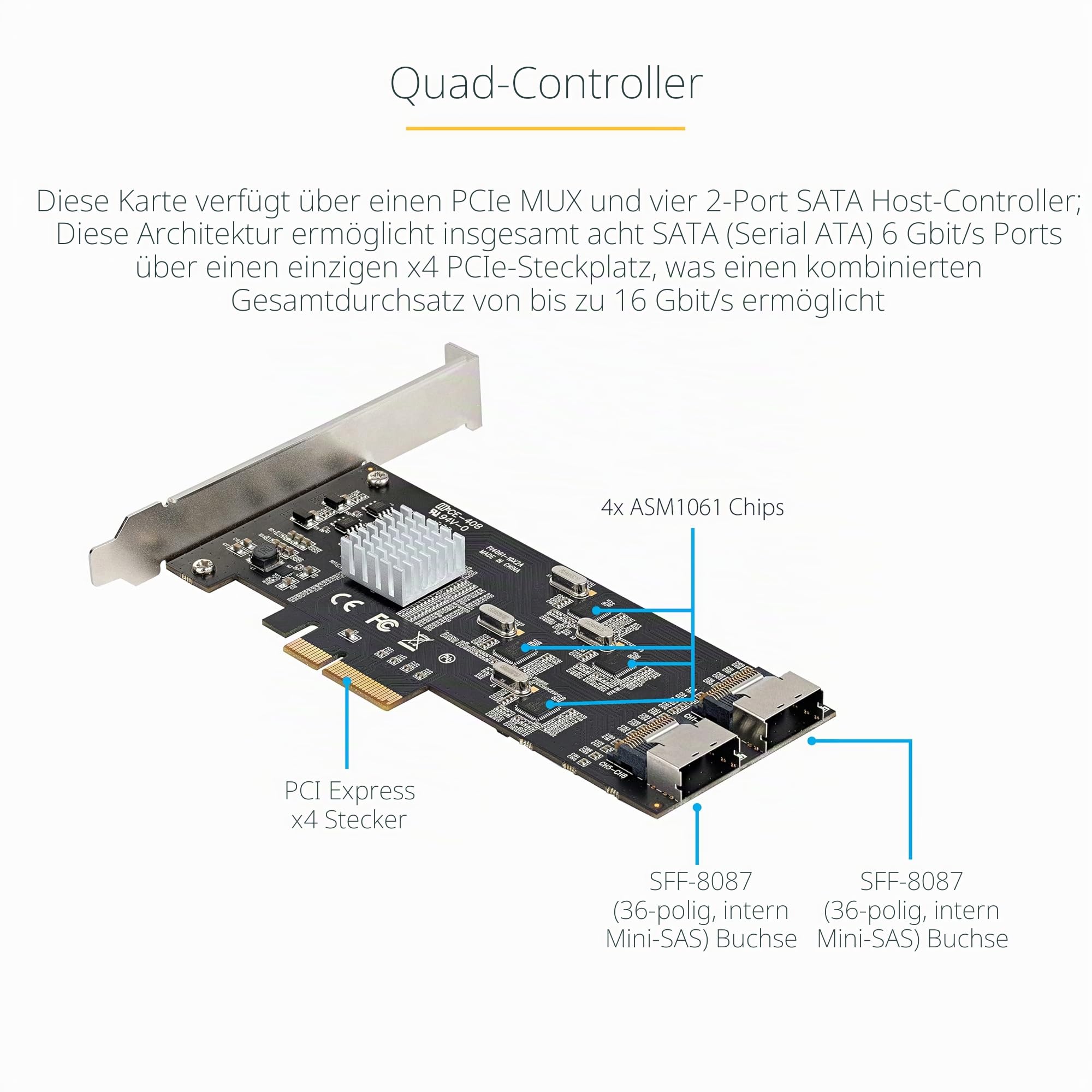 StarTech SATA PCIe Controller 8 Port - 6 Gbit/s PCI Express Adapter - PCIe Schnittstellenkarte - PCI-e x4 Gen 2 zu SATA III, HDD/SSD (8P6G-PCIE-SATA-CARD)
