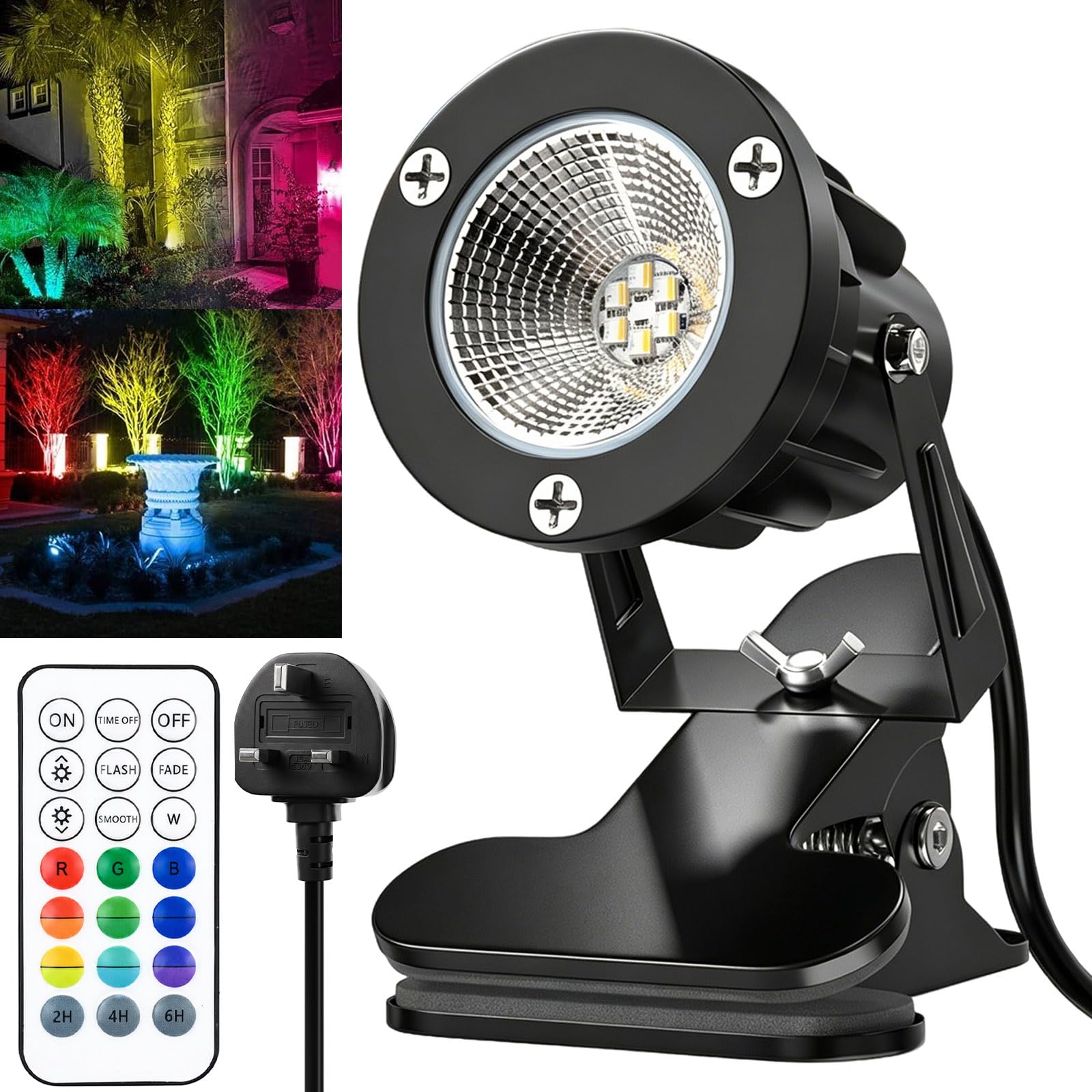 LIRONGTAGE Plug in Spot Lights with RF Remote Control, 12W LED Clip on Spot Light Mains Powered,10 Brightness Levels Timer Memory Function, IP65 Waterproof Garden Spotlights, 15 RGB + Warm White