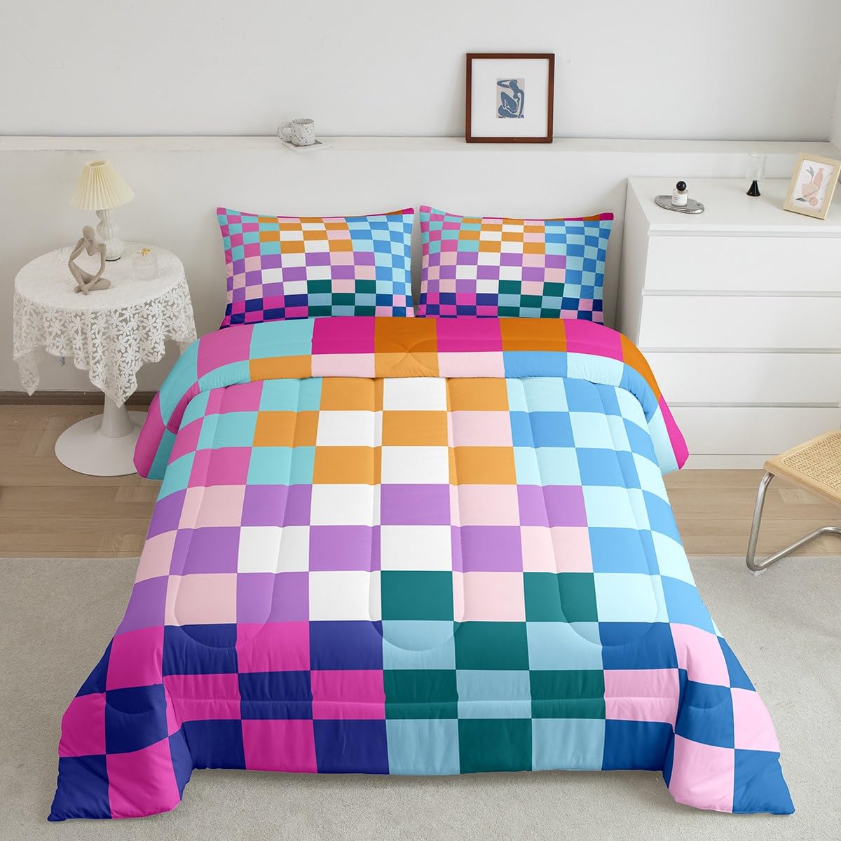 Feelyou Multicolored Checkered Retro Bedding Set Kids Boys Girls Geometric Vintage Comforter Set Full Size Rainbow Colorful Duvet Insert Modern Simple Groovy Aesthetic Room Decor