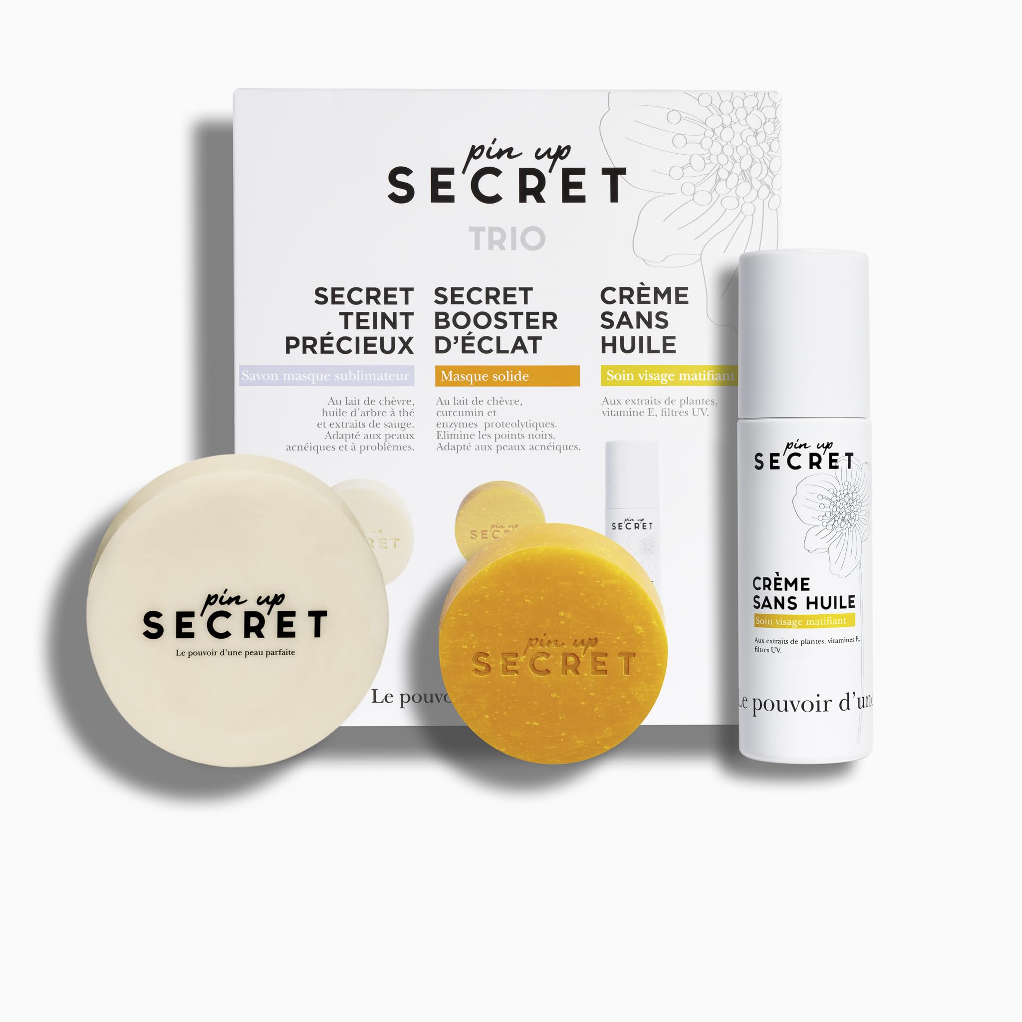 PIN UP SECRET - Coffret Trio Teint Parfait - 1 Savon Secret Teint Précieux, 1 Masque Secret Booster d'Éclat et 1 Crème Sans Huile - Réduit Rougeurs & Points Noirs - Régule l’Excès de Sébum & Hydrate