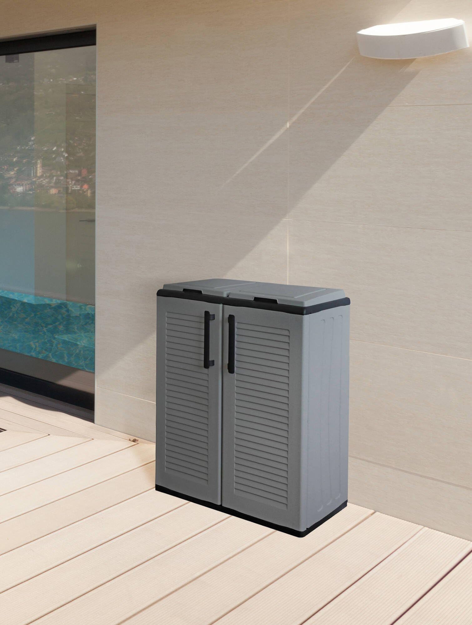 Dmora - Pattumiera Aarschot, Cestino portarifiuti, Bidone per raccolta differenziata 2 ante, 100% Made in Italy, 68x37h84 cm, Grigio e Nero, Finitura righe