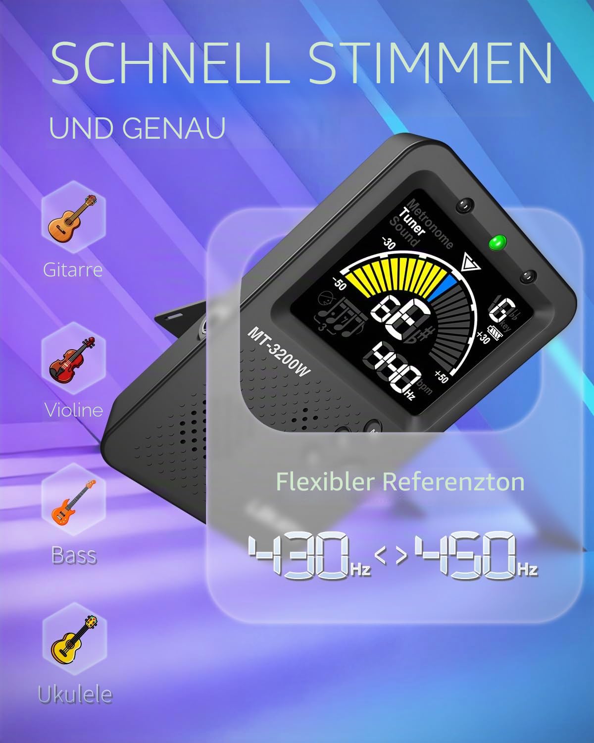 LEKATO Metronom Stimmgerät, Wiederaufladbares 3-in-1 Digital Metronom für Gitarre Bass Violine Ukulele, Vocal Count Option, Farb-LCD-Display Chromatisch Stimmgerät für alle Instrumente, Schwarz