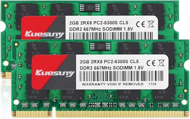 Kuesuny 4GB Kit (2X2GB) DDR2 667MHz Sodimm Ram PC2-5300 PC2-5300S 1.8V CL5 200 Pin 2RX8 Dual Rank Non-ECC Unbuffered Notebook Laptop Memory Modules Upgrade