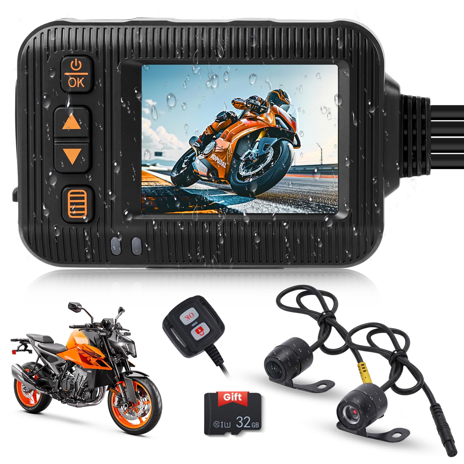 Hodozzy 2 Pouces 1080P Dashcam pour Moto, avec Vision Avant et Arrière, Etanchéité IP65, Enregistrement en Boucle, Surveillance Stationnement, Capteur G, Commande Filaire, Carte TF 32G